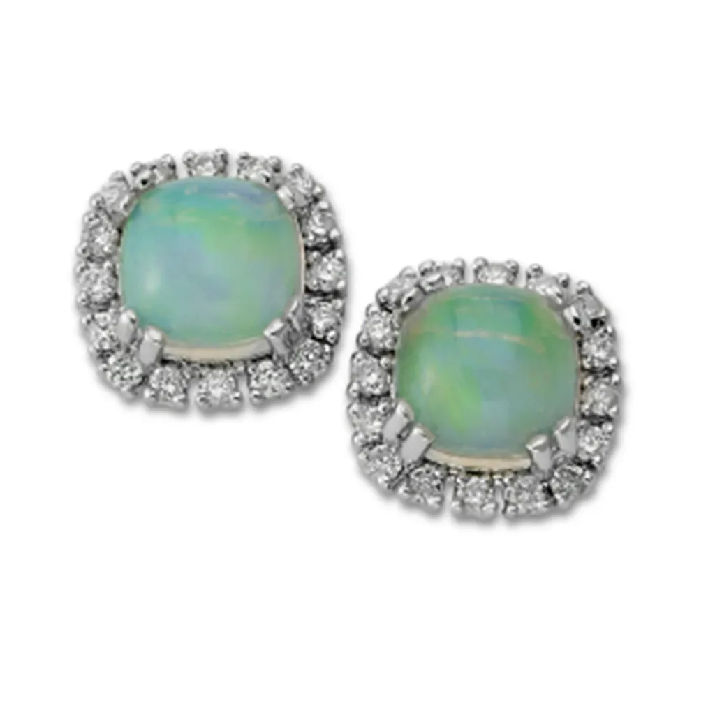 14K White Gold 2.25ctw Cushion Opal & Diamond Halo Stud Earrings by Samuel B.