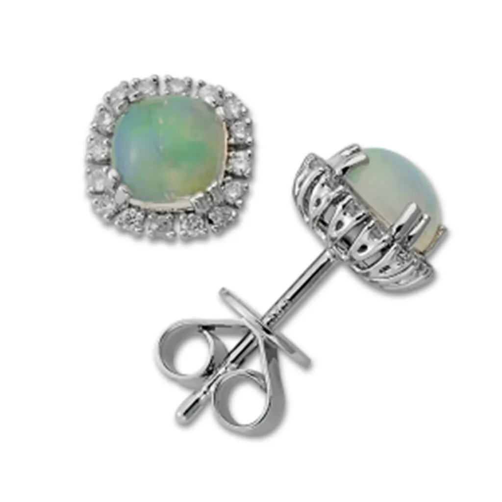 14K White Gold 2.25ctw Cushion Opal & Diamond Halo Stud Earrings by Samuel B.