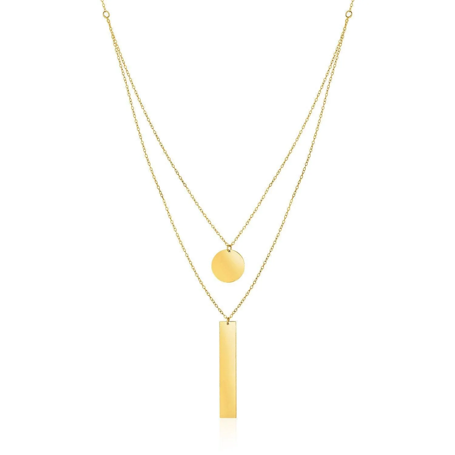 14k Yellow Gold 18 inch Two Strand Necklace with Circle and Bar Pendants