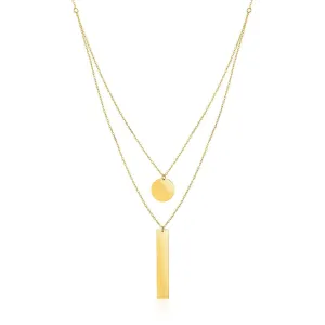 14k Yellow Gold 18 inch Two Strand Necklace with Circle and Bar Pendants