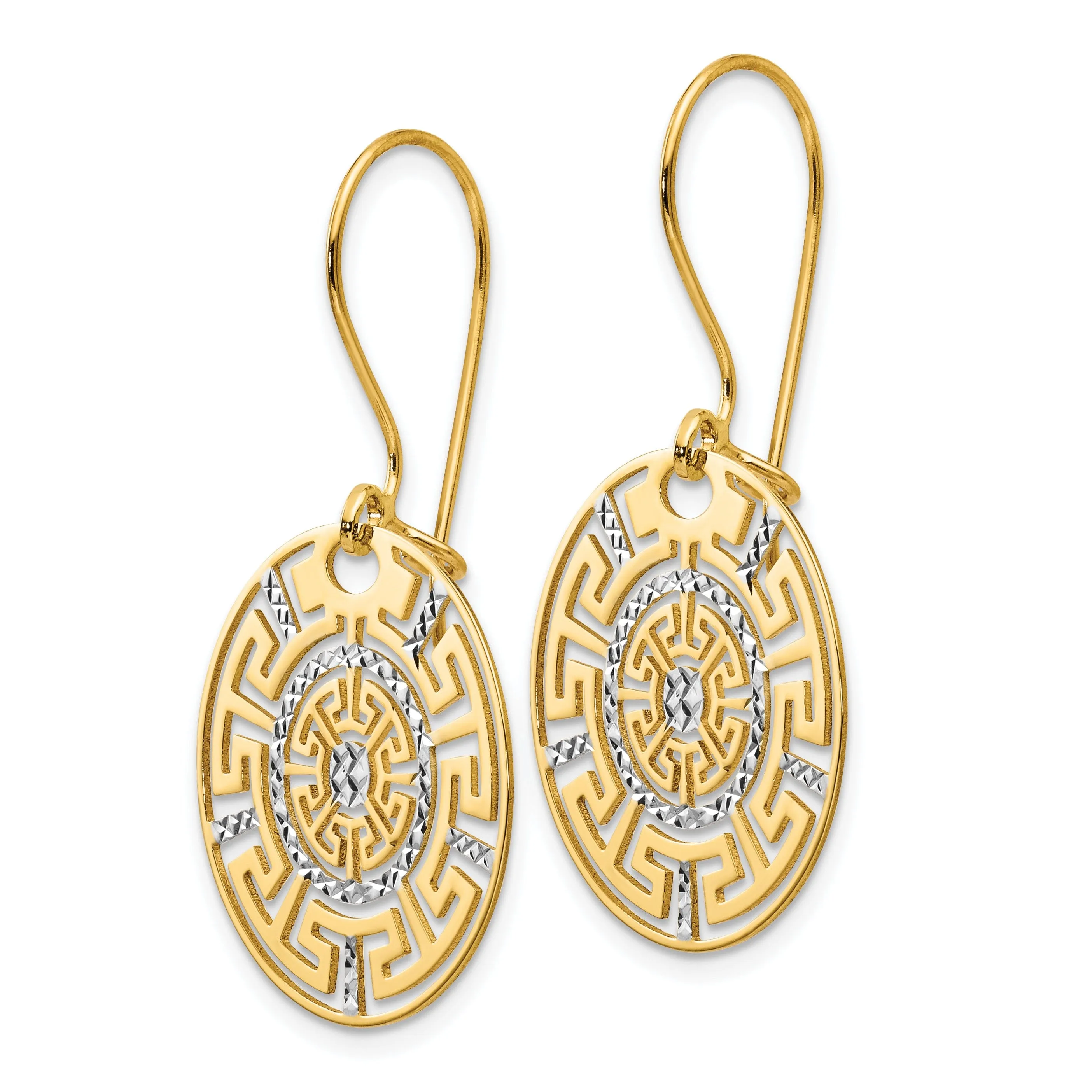 14k Yellow Rhodium Greek Key Dangle Earrings