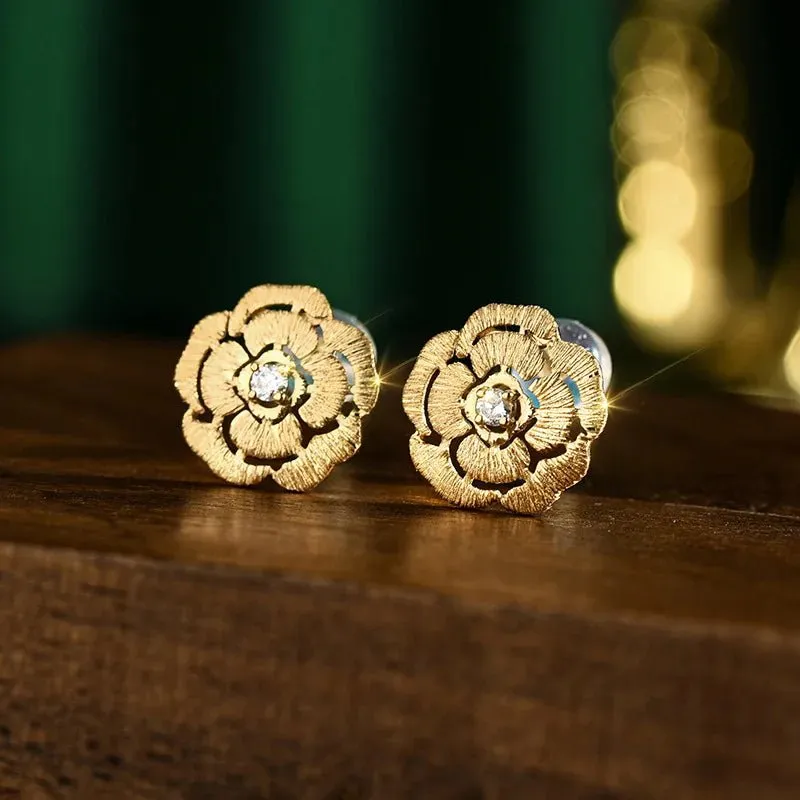 18k Yellow Gold Natural Diamond Camellia Earrings