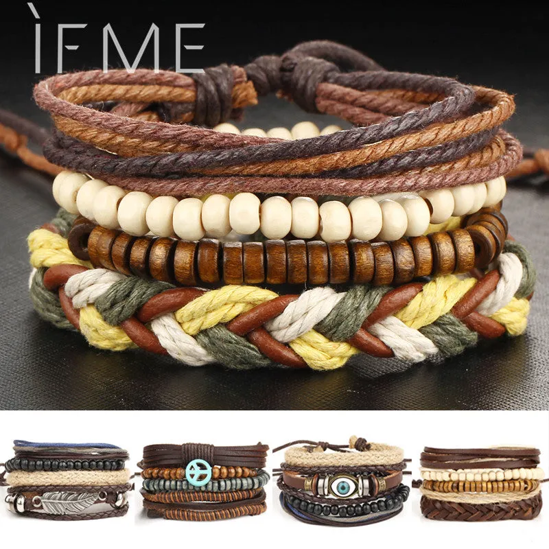 1Set Multilayer Leather Bracelet Men Jewelry Punk Rock Wood Bead Bracelets For Men Love Vintage Bracelets & Bangles Gift Retro