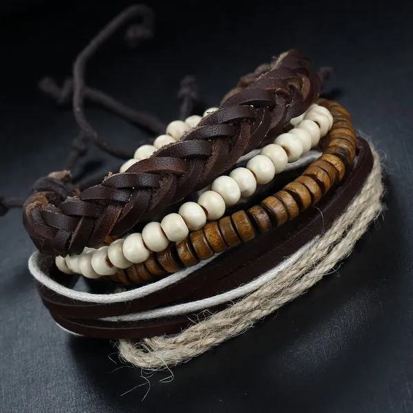 1Set Multilayer Leather Bracelet Men Jewelry Punk Rock Wood Bead Bracelets For Men Love Vintage Bracelets & Bangles Gift Retro