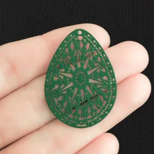 2 Filigree Teardrop Green Enamel Stainless Steel Charms 2 Sided - SSP387