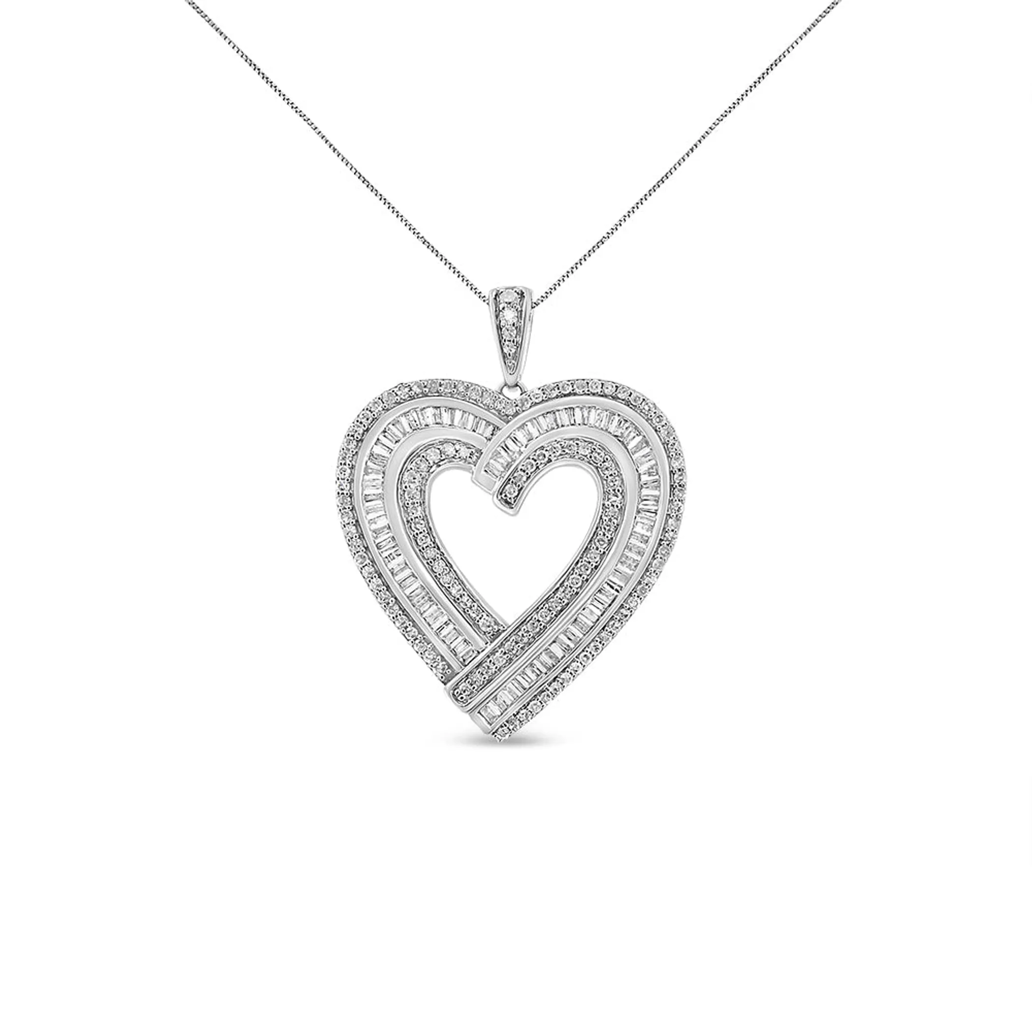 .925 Sterling Silver 1 3/8 Cttw Baguette Diamond Composite Heart 18" Inch Pendant Necklace (I-J Color, I1-I2 Clarity)