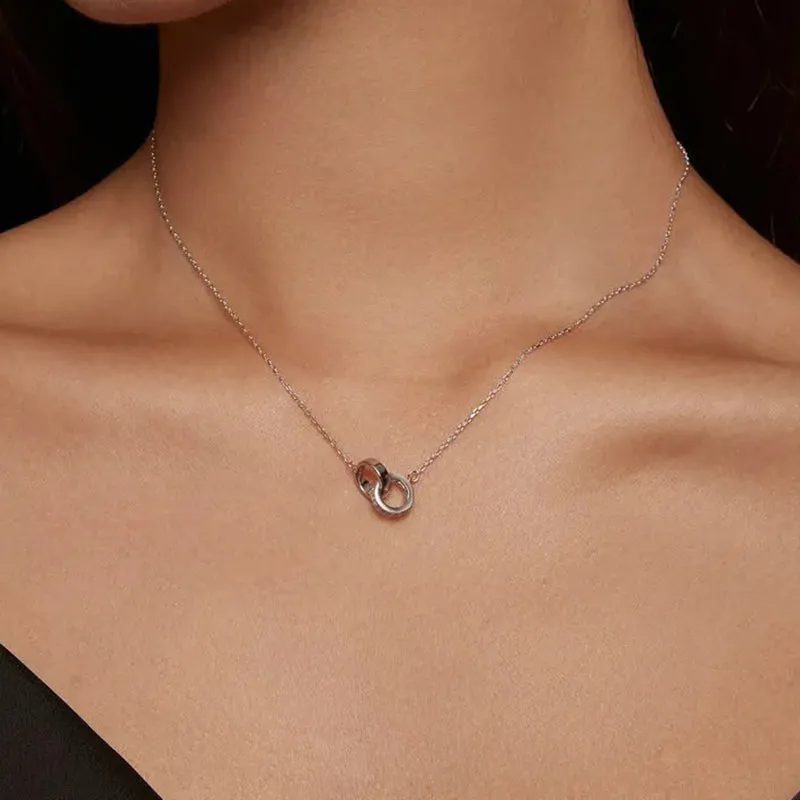 925 Sterling Silver Double Circle Interlock Pendant Necklace Double Ring Collarbone Neck Chain for Women Jewelry