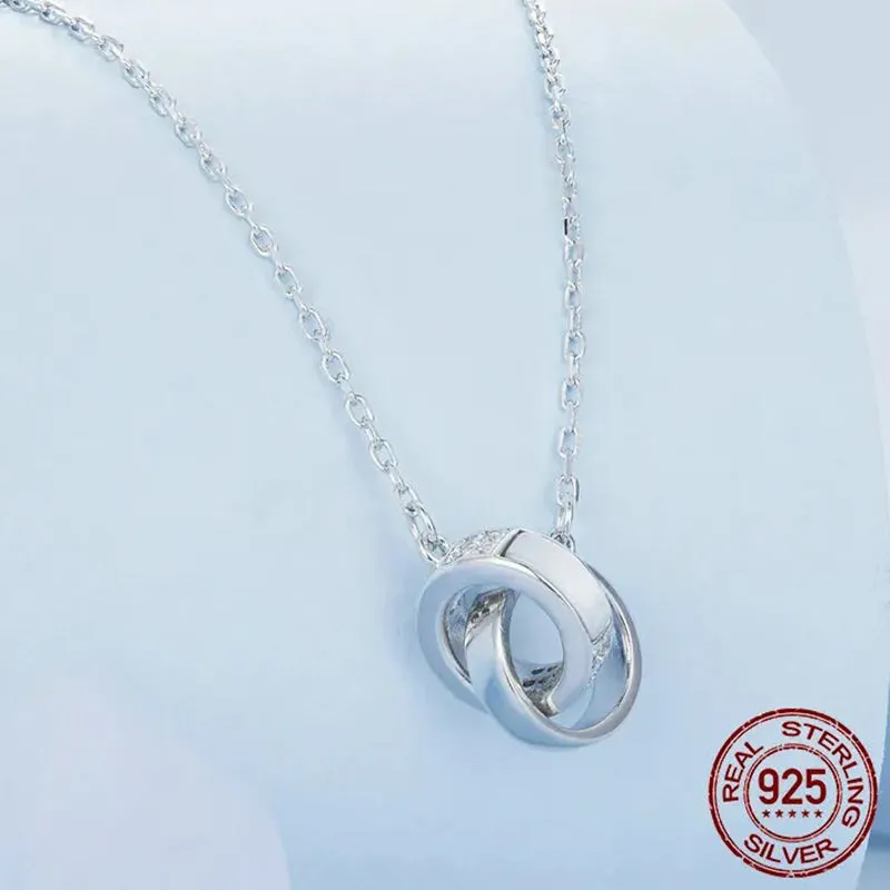 925 Sterling Silver Double Circle Interlock Pendant Necklace Double Ring Collarbone Neck Chain for Women Jewelry