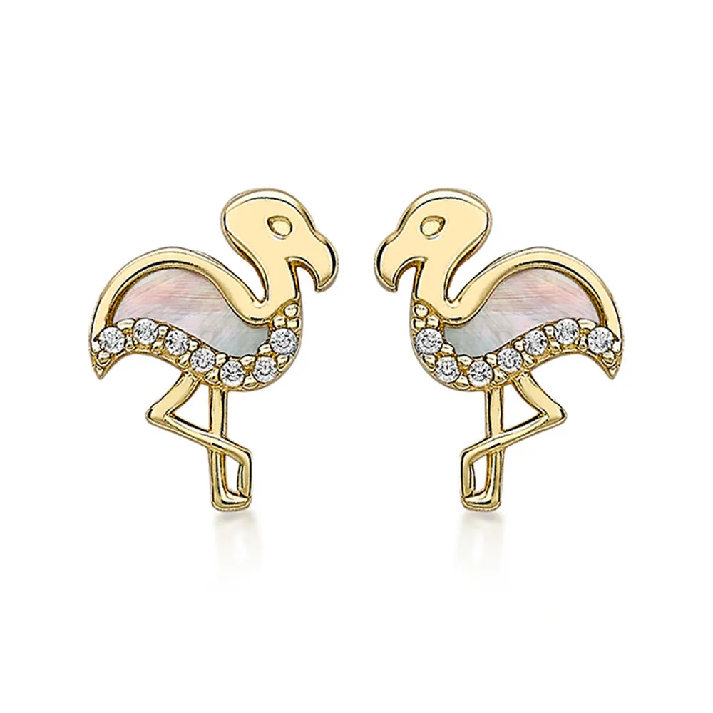 9ct Yellow Gold Mother of Pearl Flamingo Studs