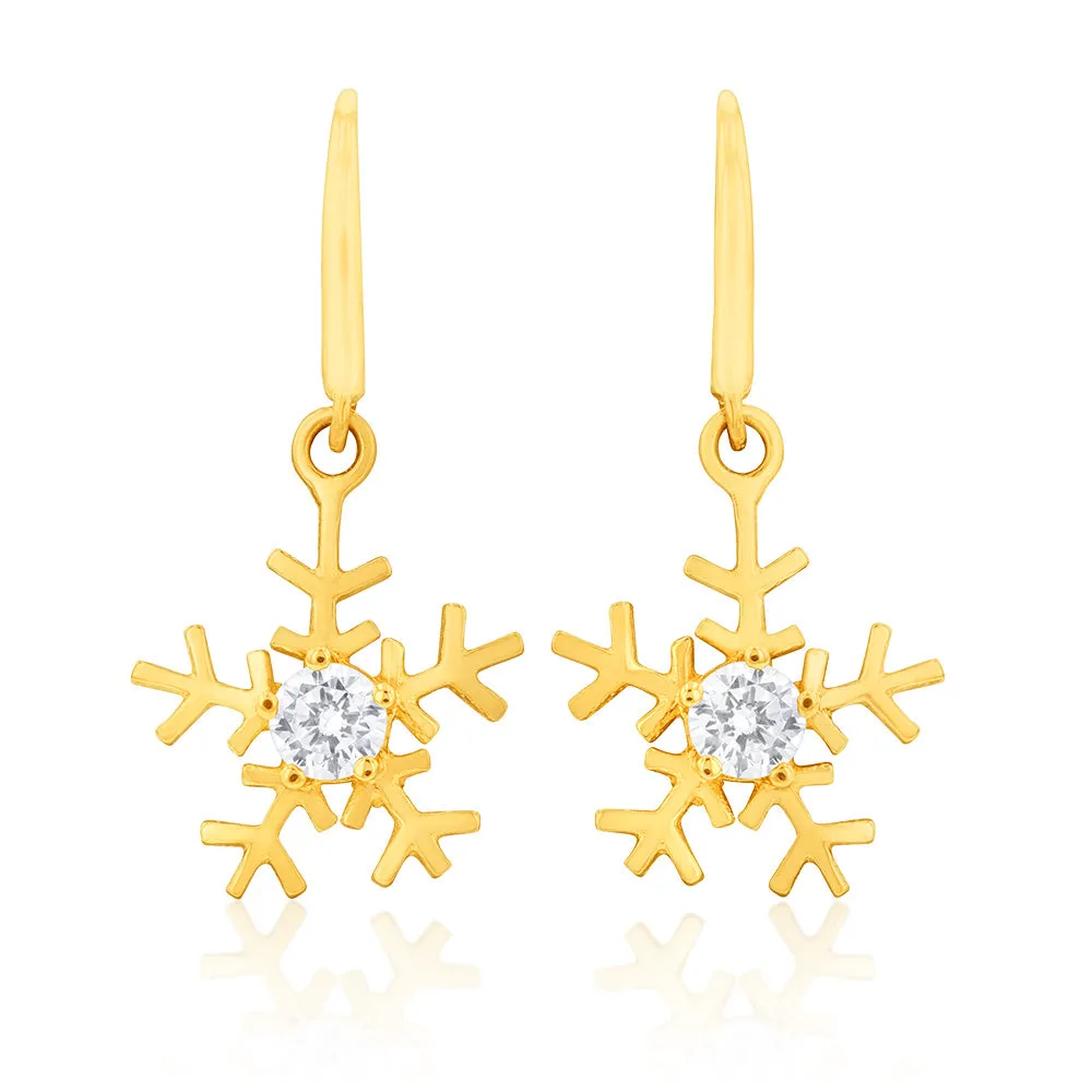 9ct Yellow Gold Zirconia Snowflake Drop Earrings