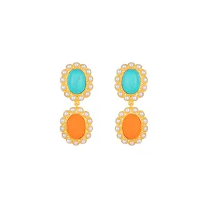 Ada Earrings Orange Coral, Turquoise & Pearls