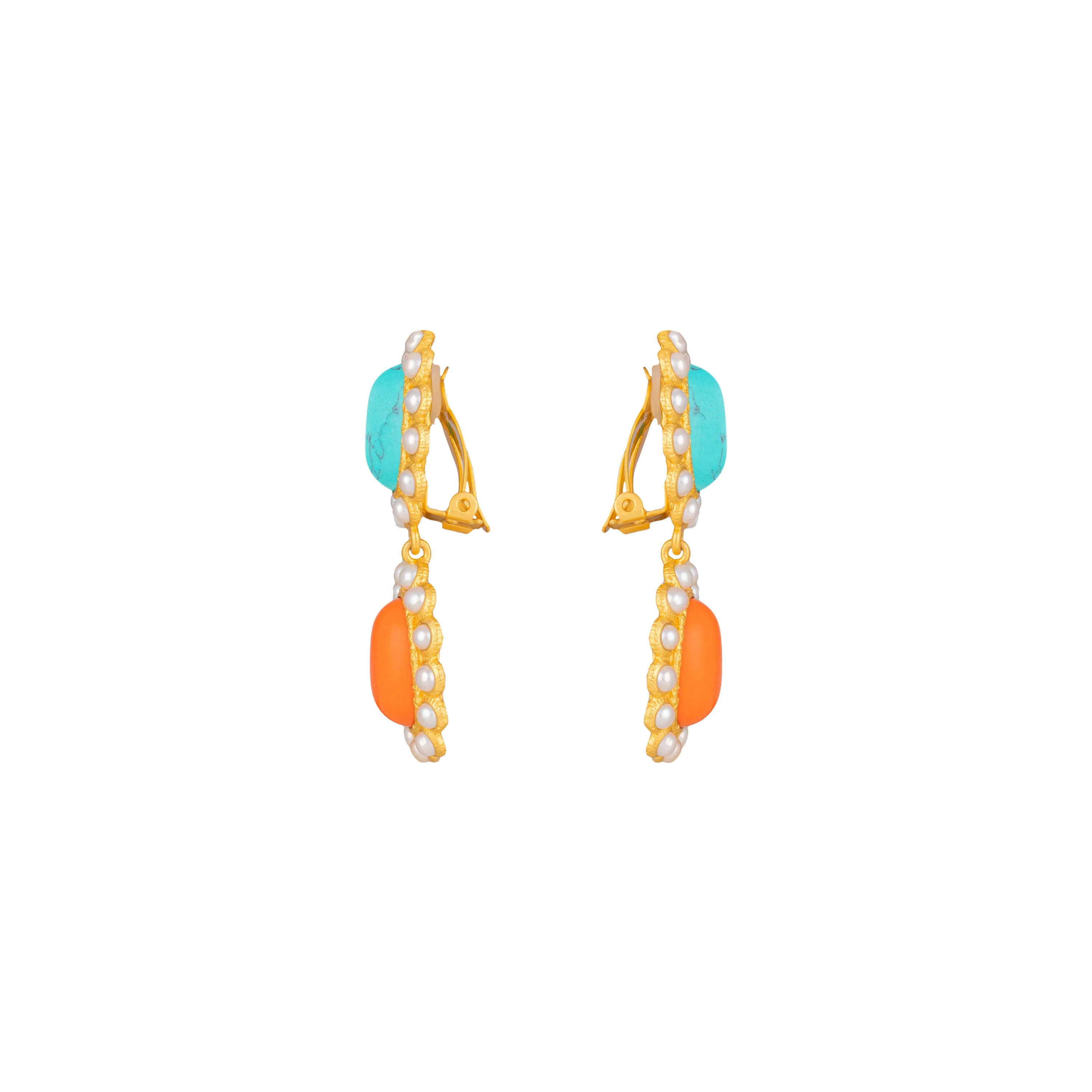 Ada Earrings Orange Coral, Turquoise & Pearls