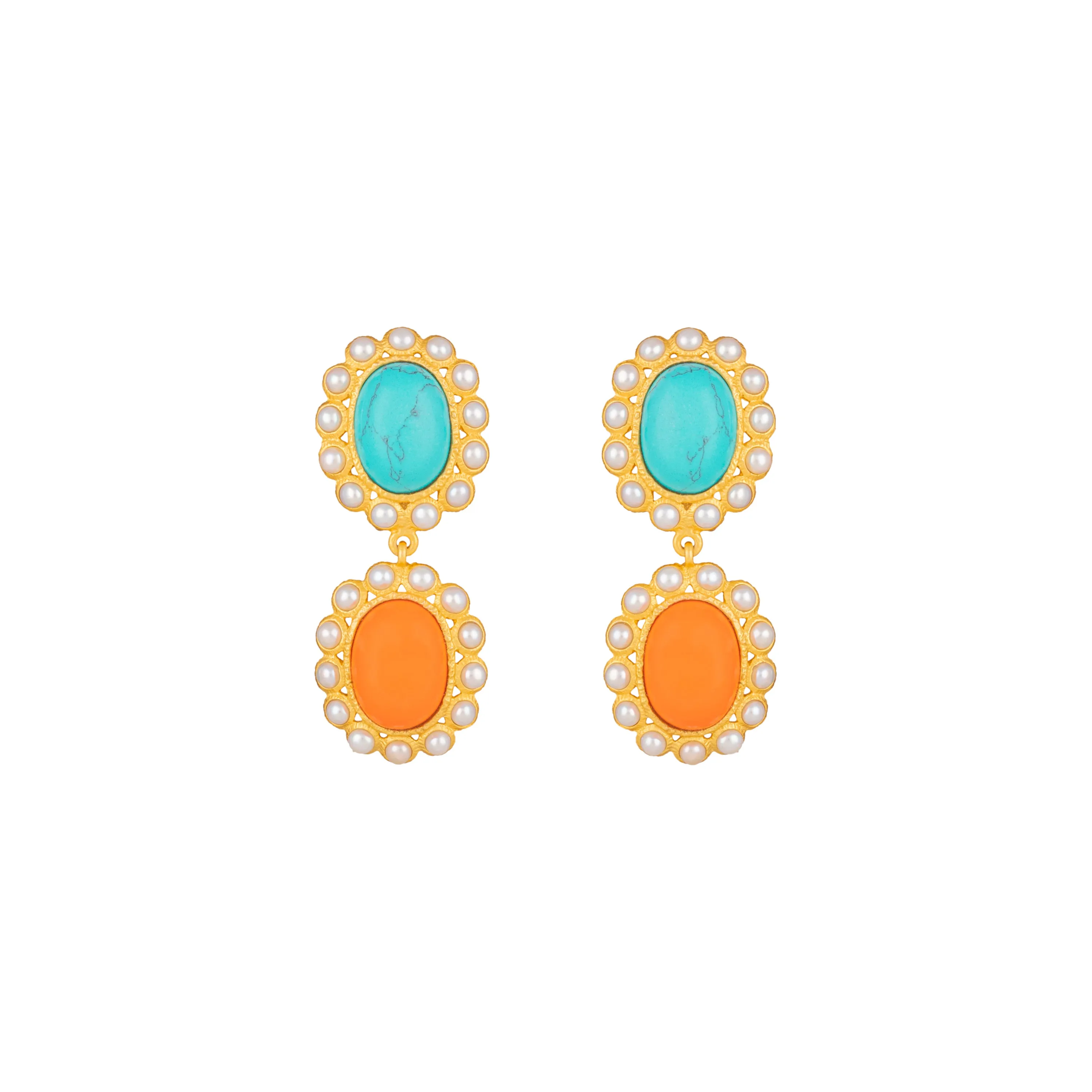 Ada Earrings Orange Coral, Turquoise & Pearls