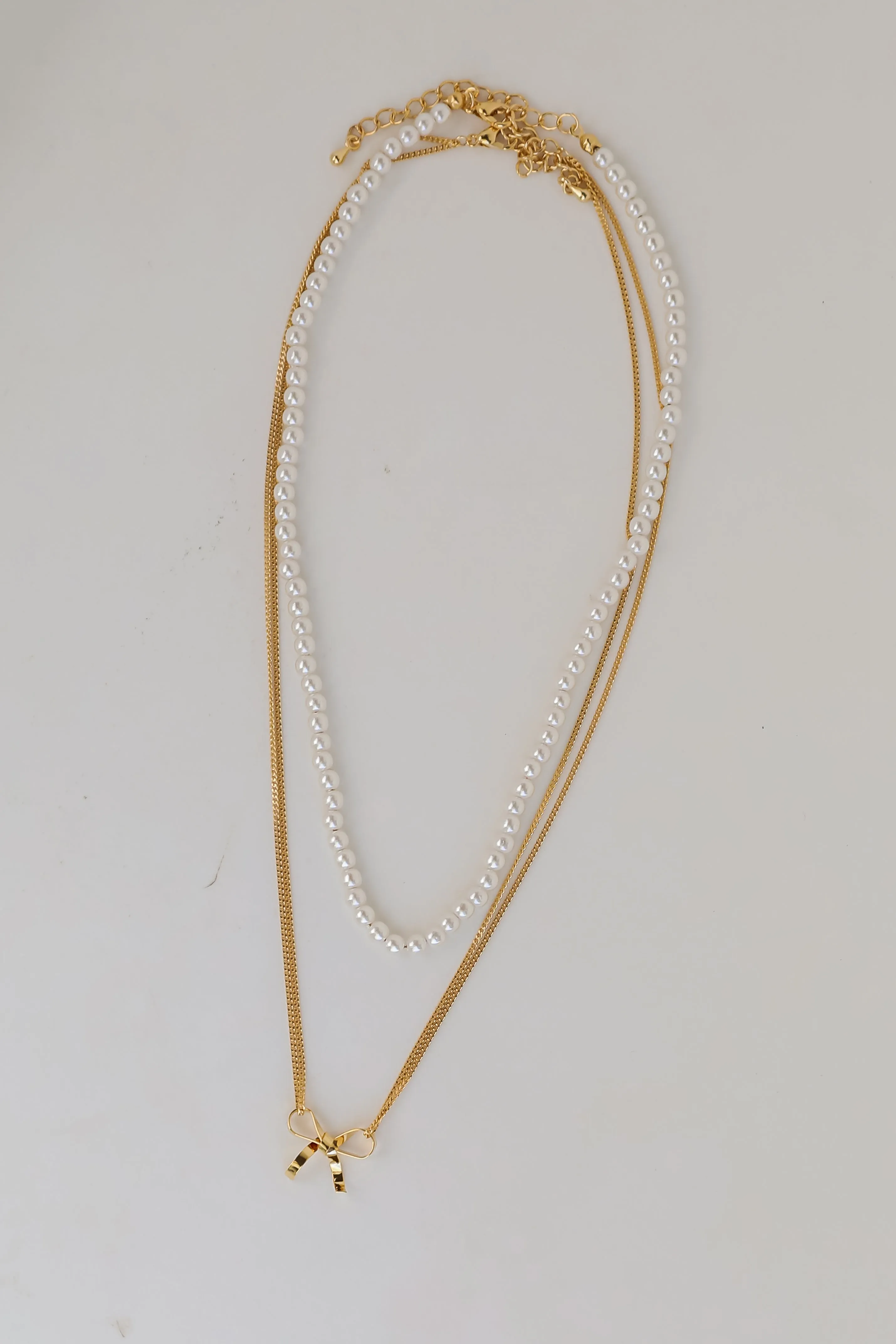 Allison Gold Pearl Bow Charm Layered Necklace