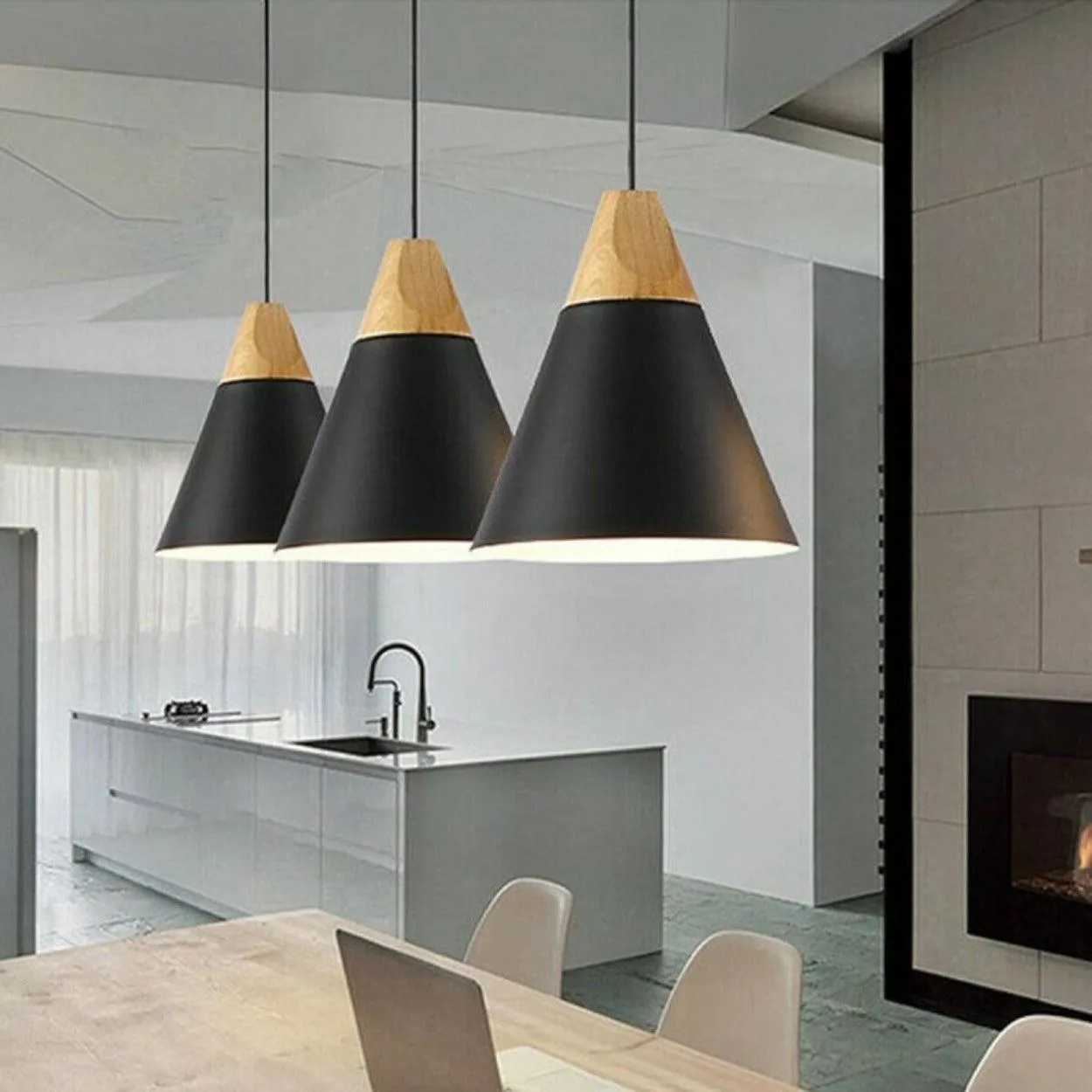 ANKUR MODERN NORDIC CONE WITH NATURAL WOOD PENDANT LIGHTS