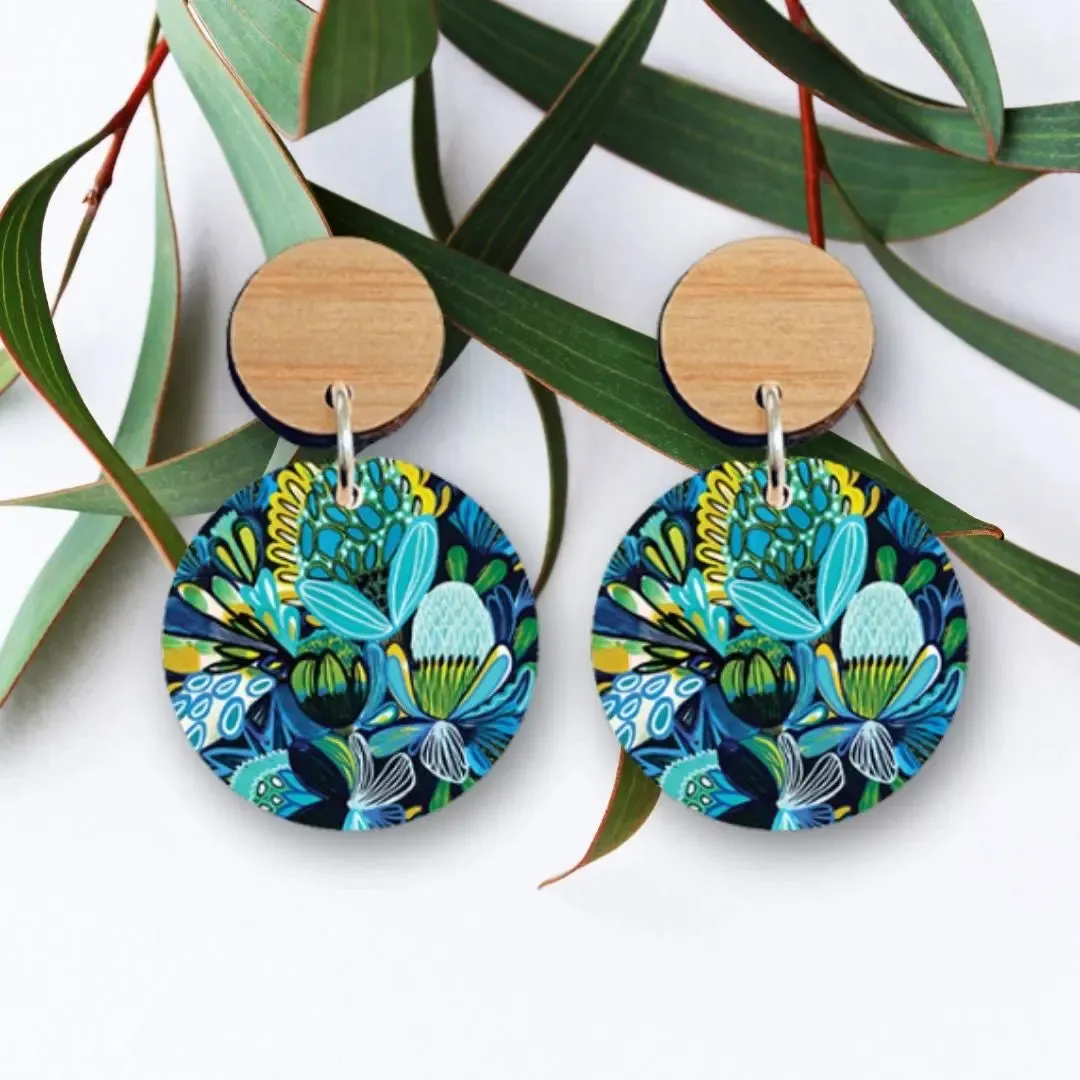 Azure Native Flowers Wooden Earrings