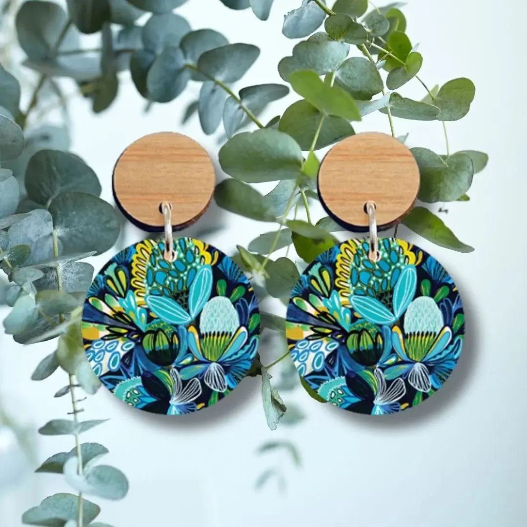 Azure Native Flowers Wooden Earrings