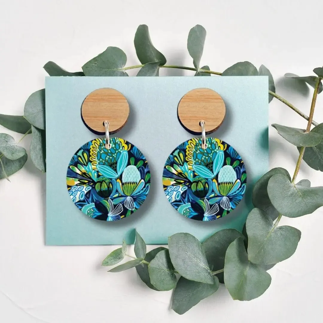 Azure Native Flowers Wooden Earrings