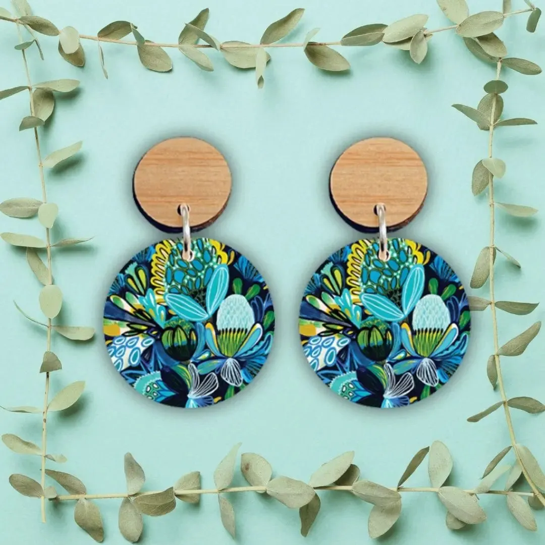 Azure Native Flowers Wooden Earrings