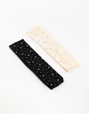 Black & Cream Fabric Diamante Stretch Headbands 2-Pack