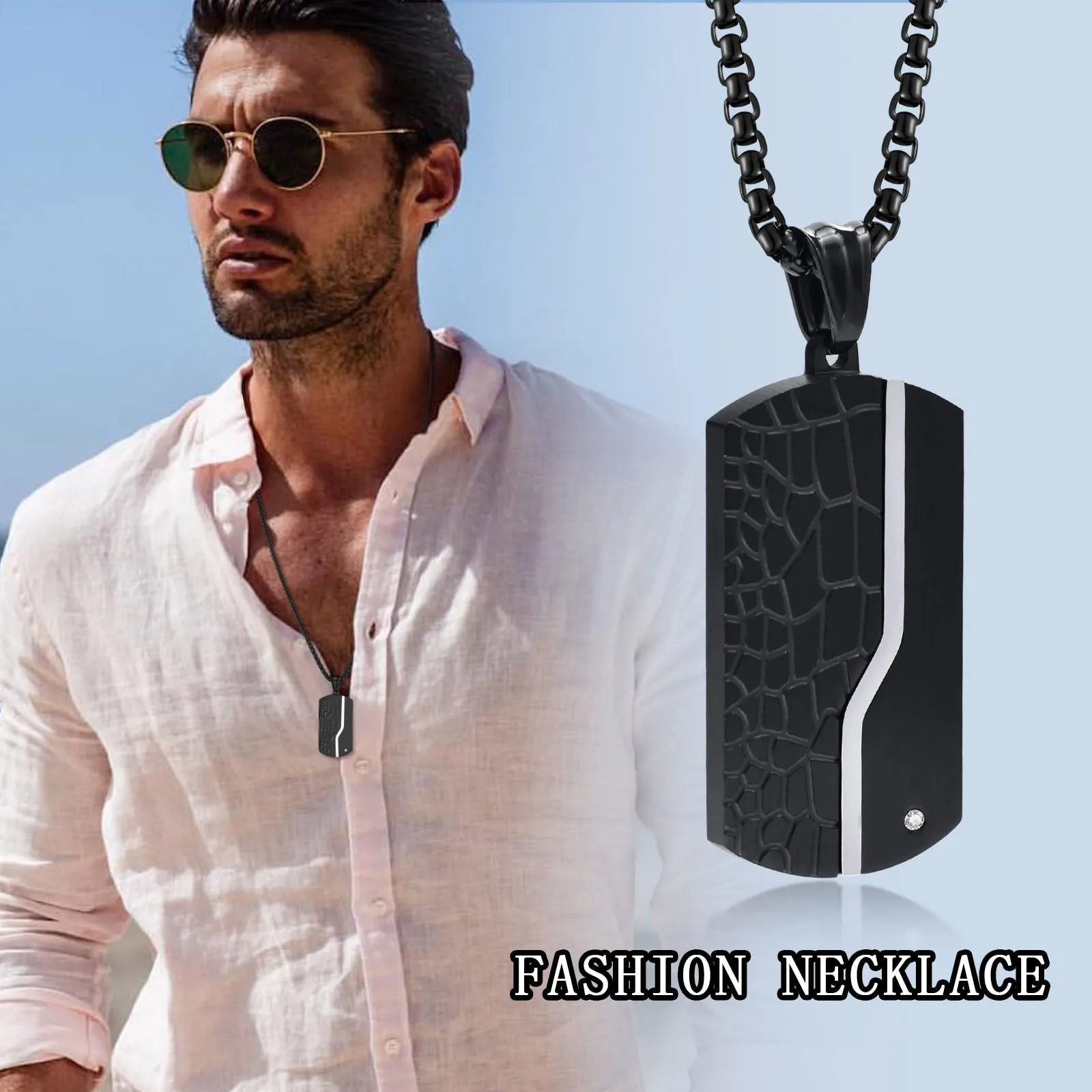 Black Silver Stainless Steel Dressy Dog Tag CZ Pendant Necklace