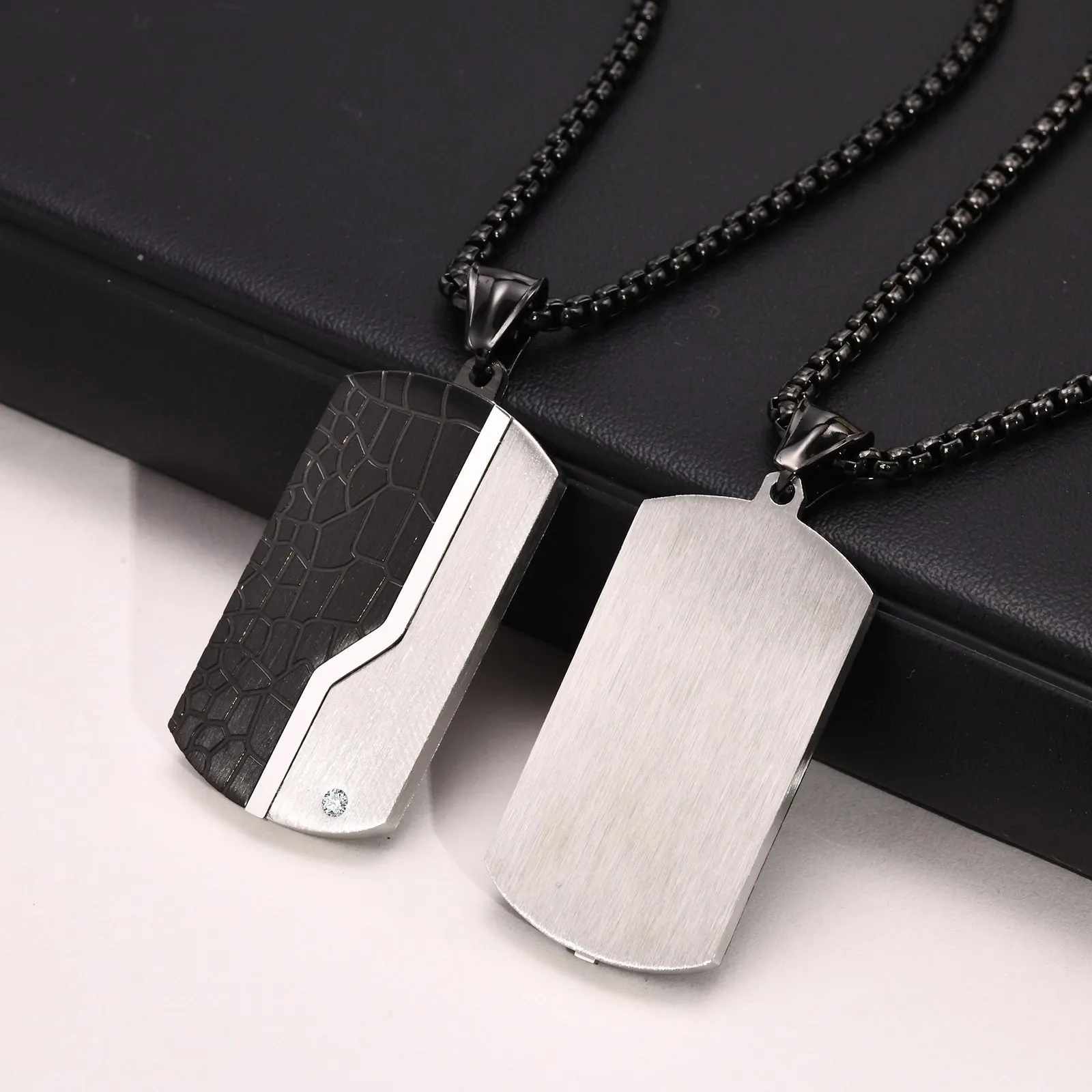 Black Silver Stainless Steel Dressy Dog Tag CZ Pendant Necklace