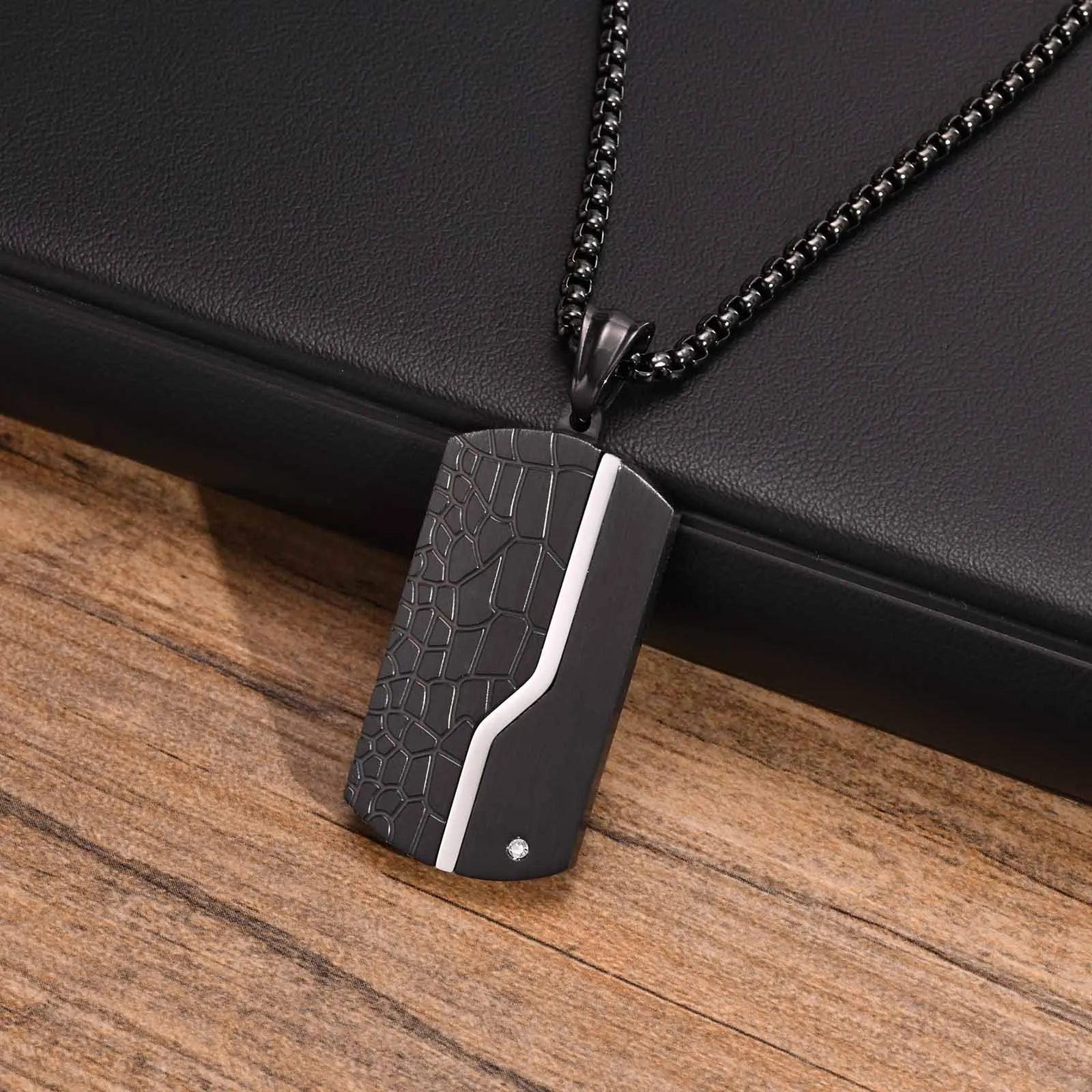 Black Silver Stainless Steel Dressy Dog Tag CZ Pendant Necklace