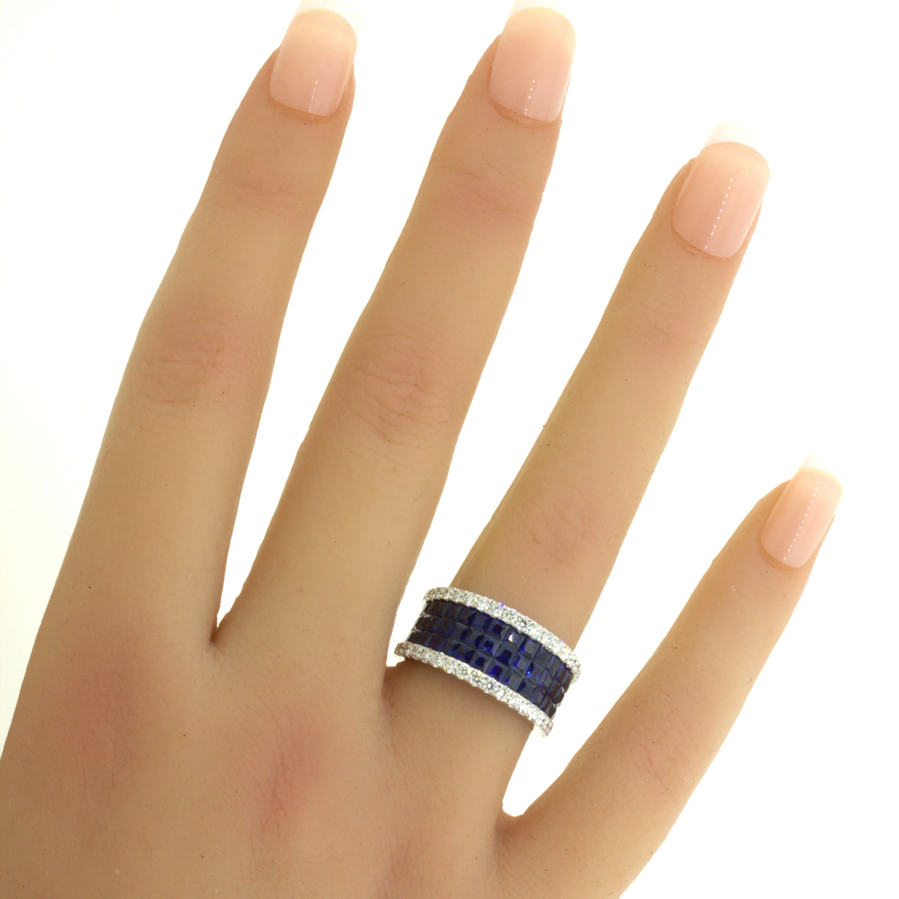 Blue-Sapphire Diamond 18k White Gold Band Ring