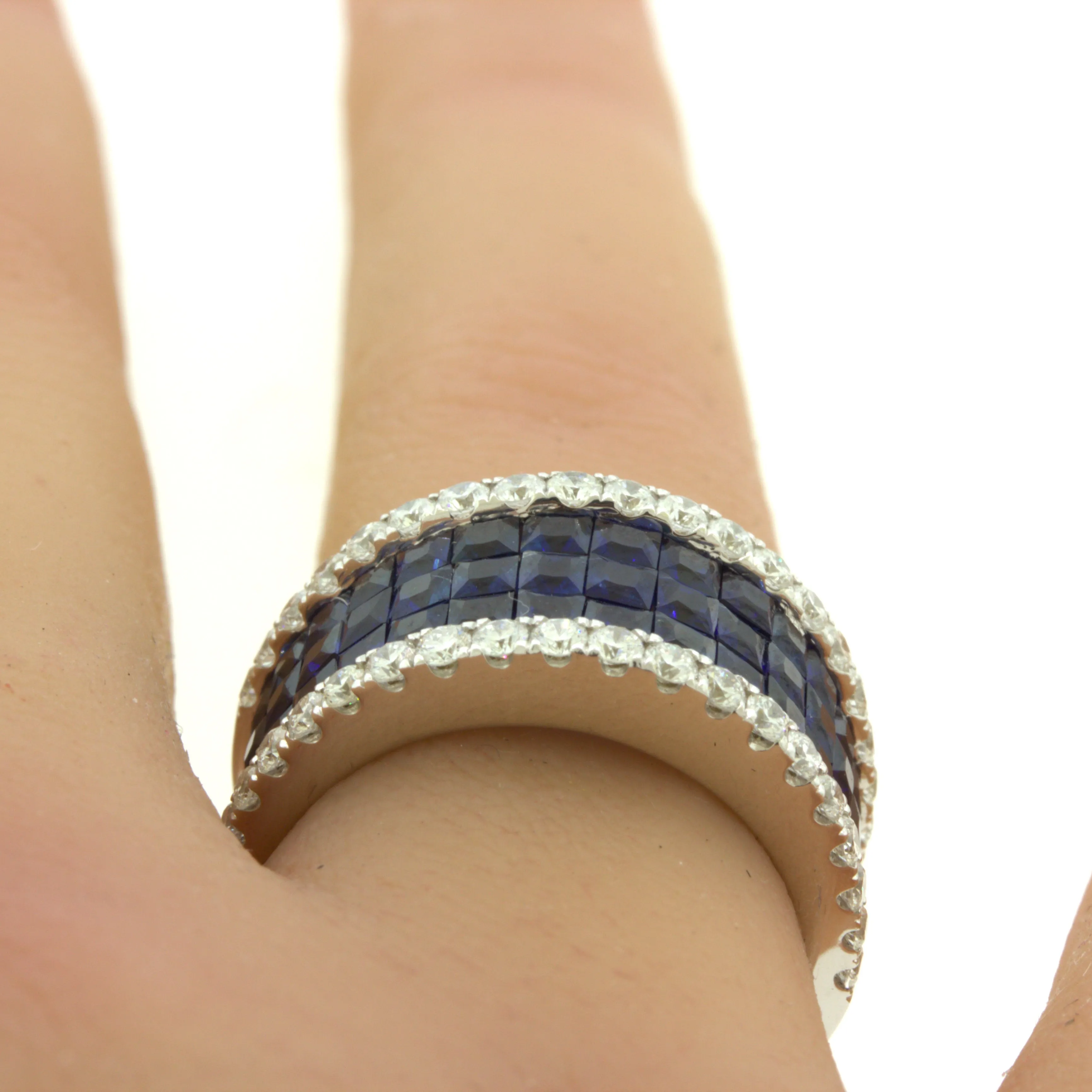 Blue-Sapphire Diamond 18k White Gold Band Ring