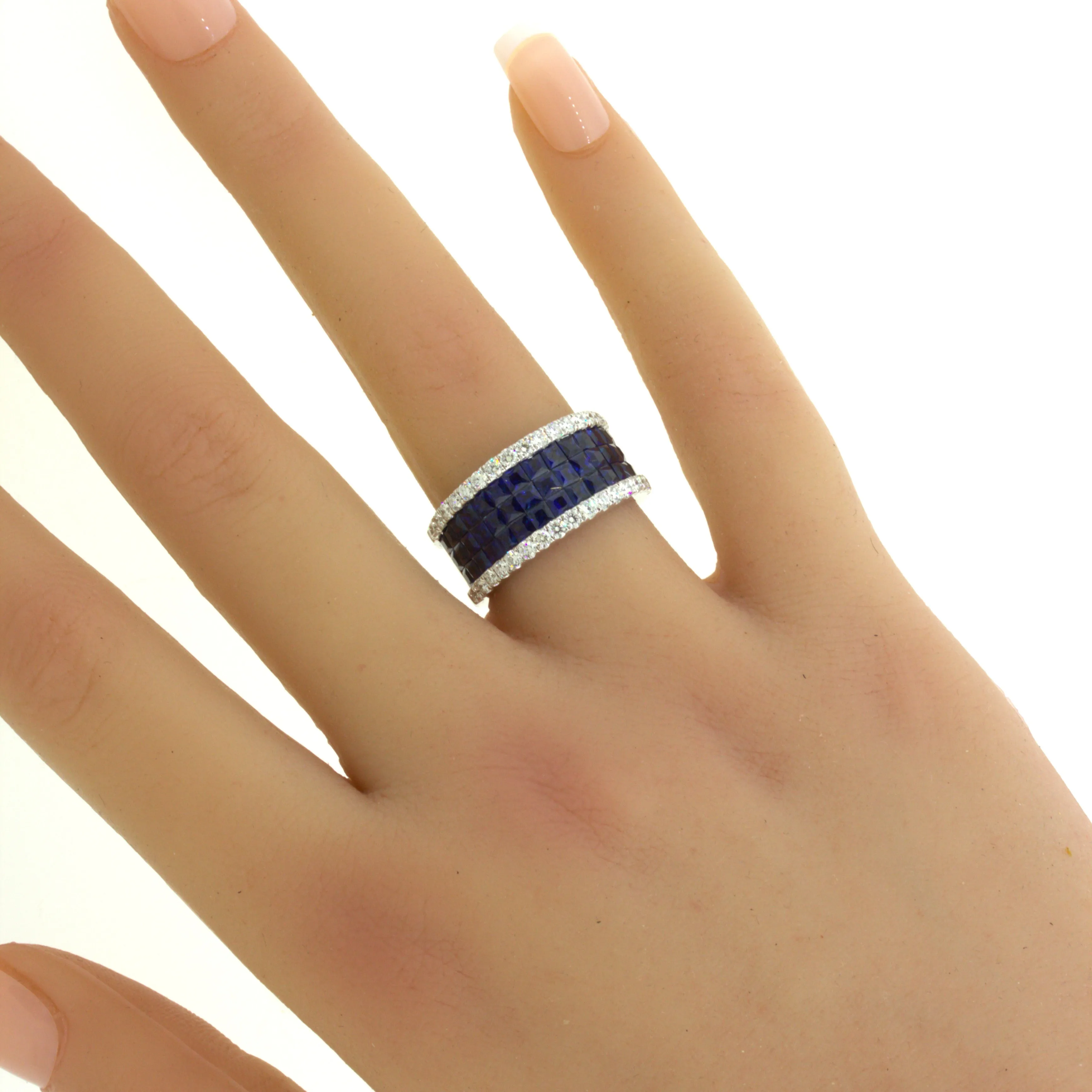 Blue-Sapphire Diamond 18k White Gold Band Ring