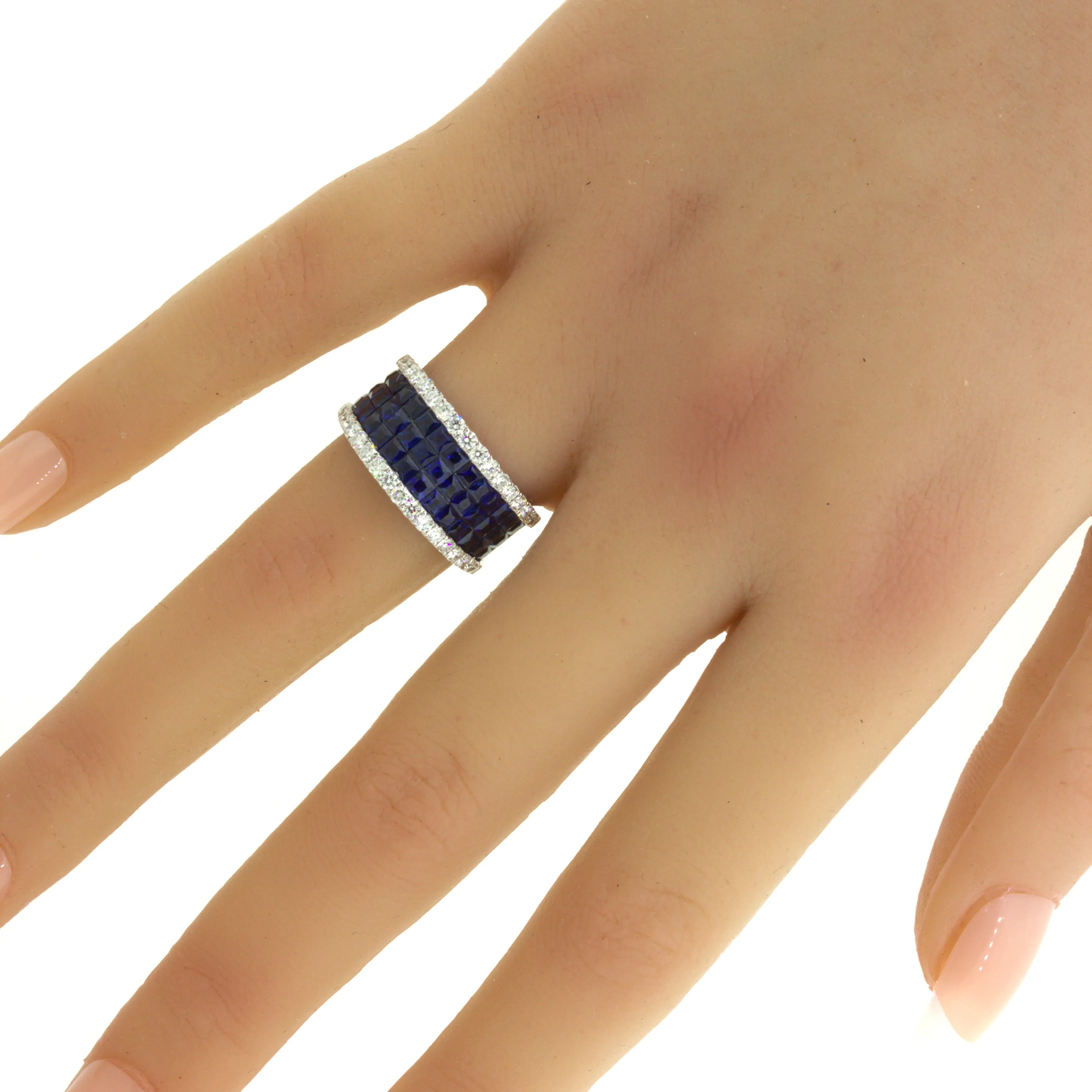 Blue-Sapphire Diamond 18k White Gold Band Ring