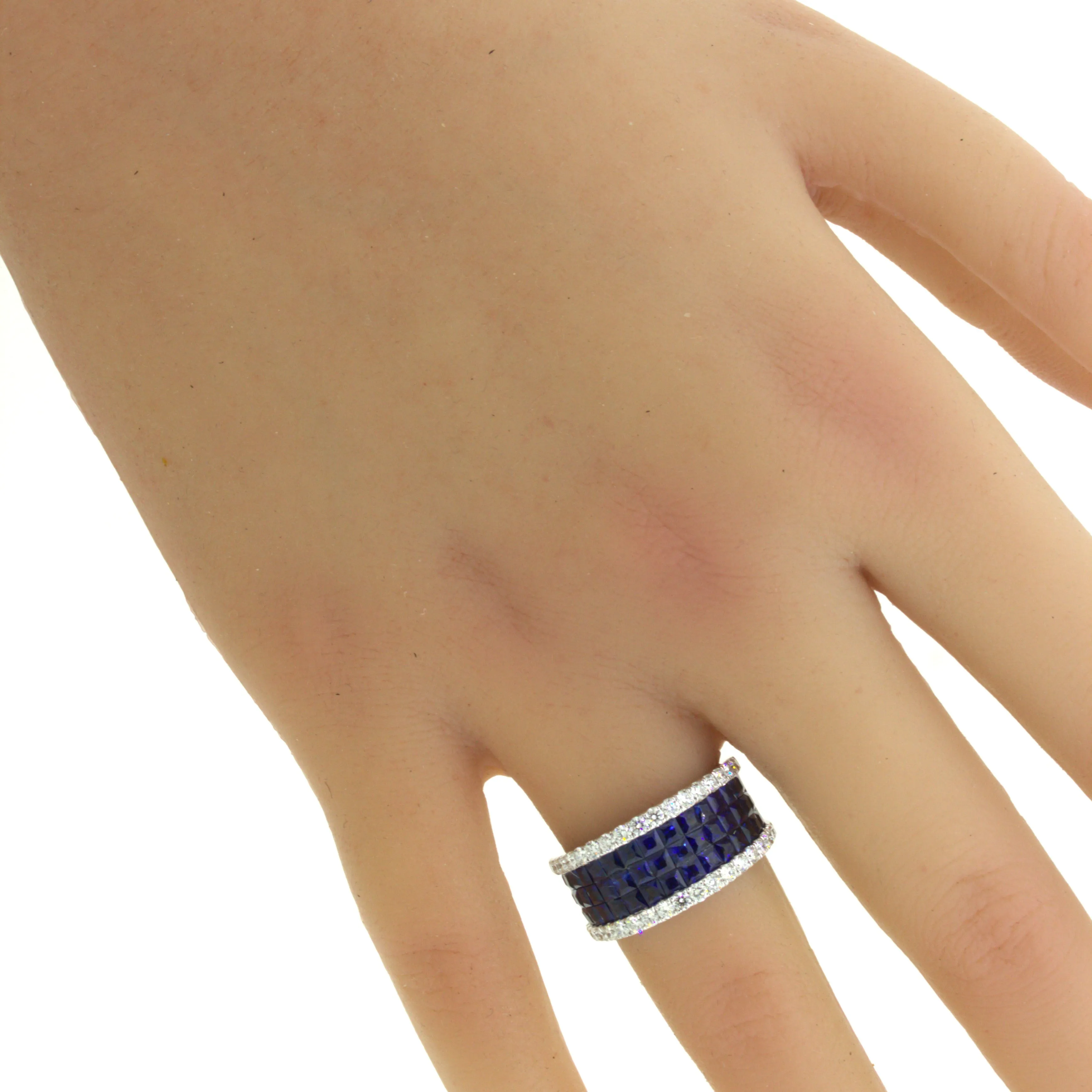 Blue-Sapphire Diamond 18k White Gold Band Ring