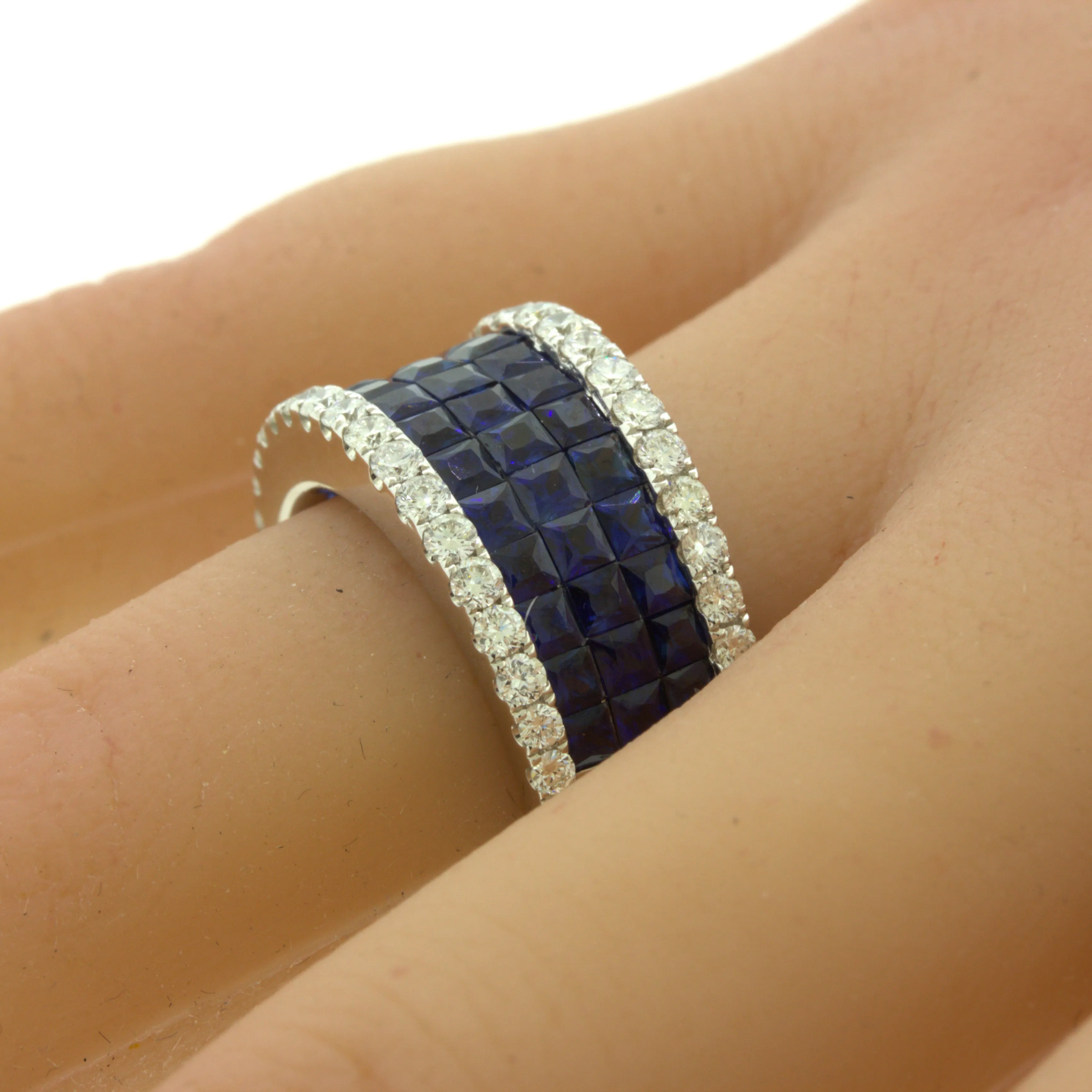 Blue-Sapphire Diamond 18k White Gold Band Ring