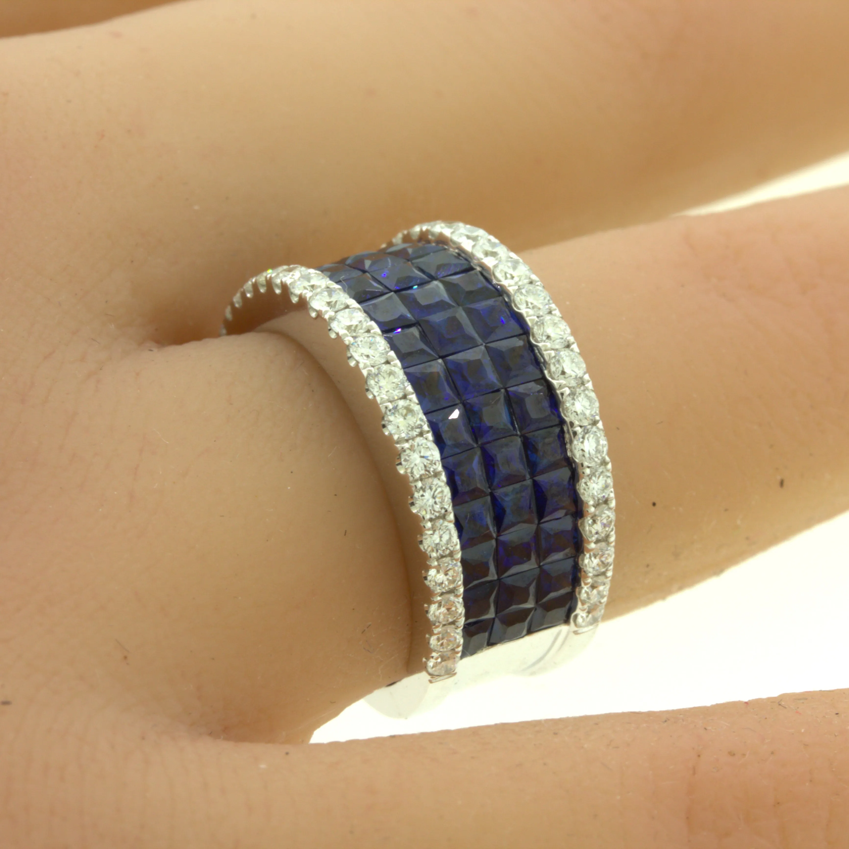 Blue-Sapphire Diamond 18k White Gold Band Ring