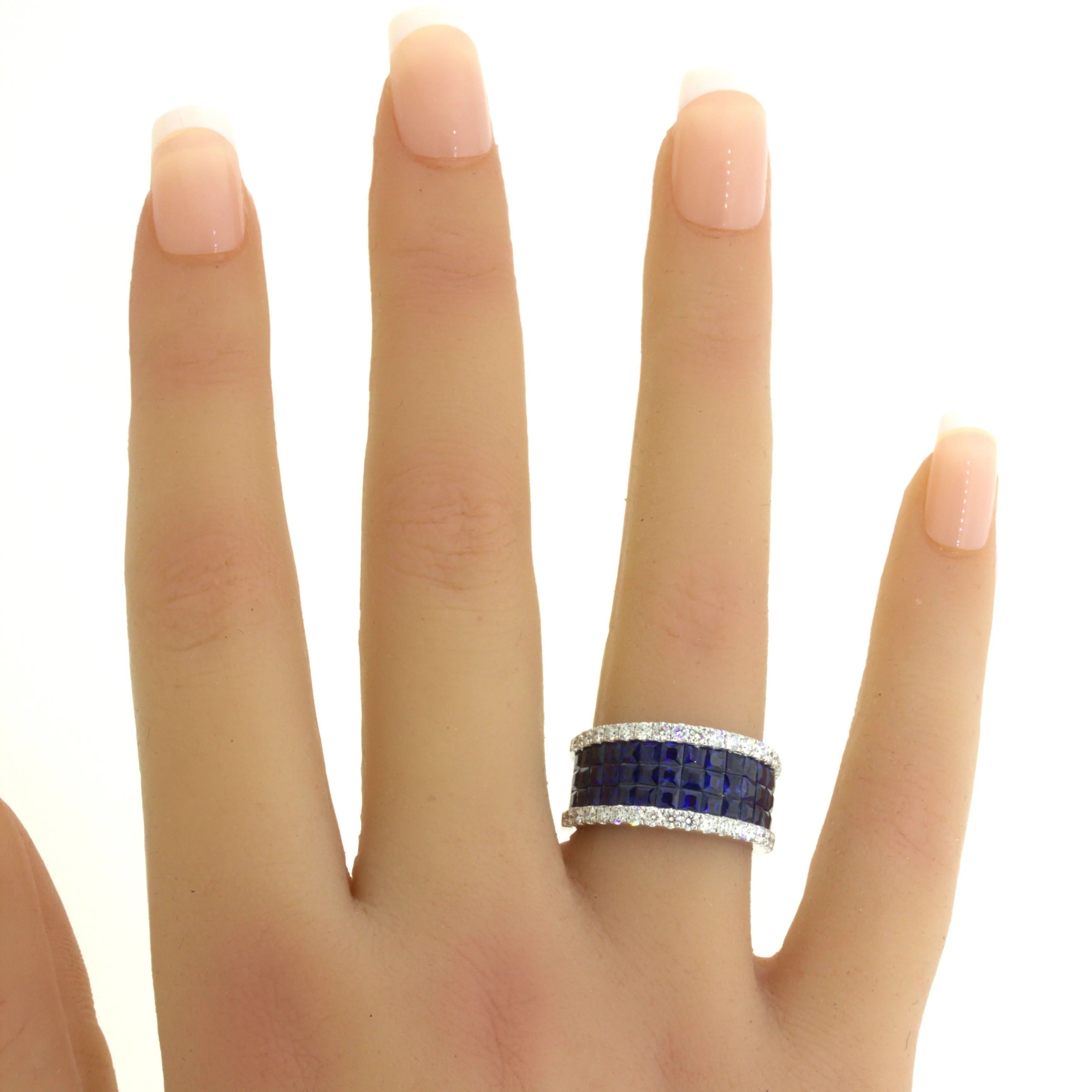 Blue-Sapphire Diamond 18k White Gold Band Ring