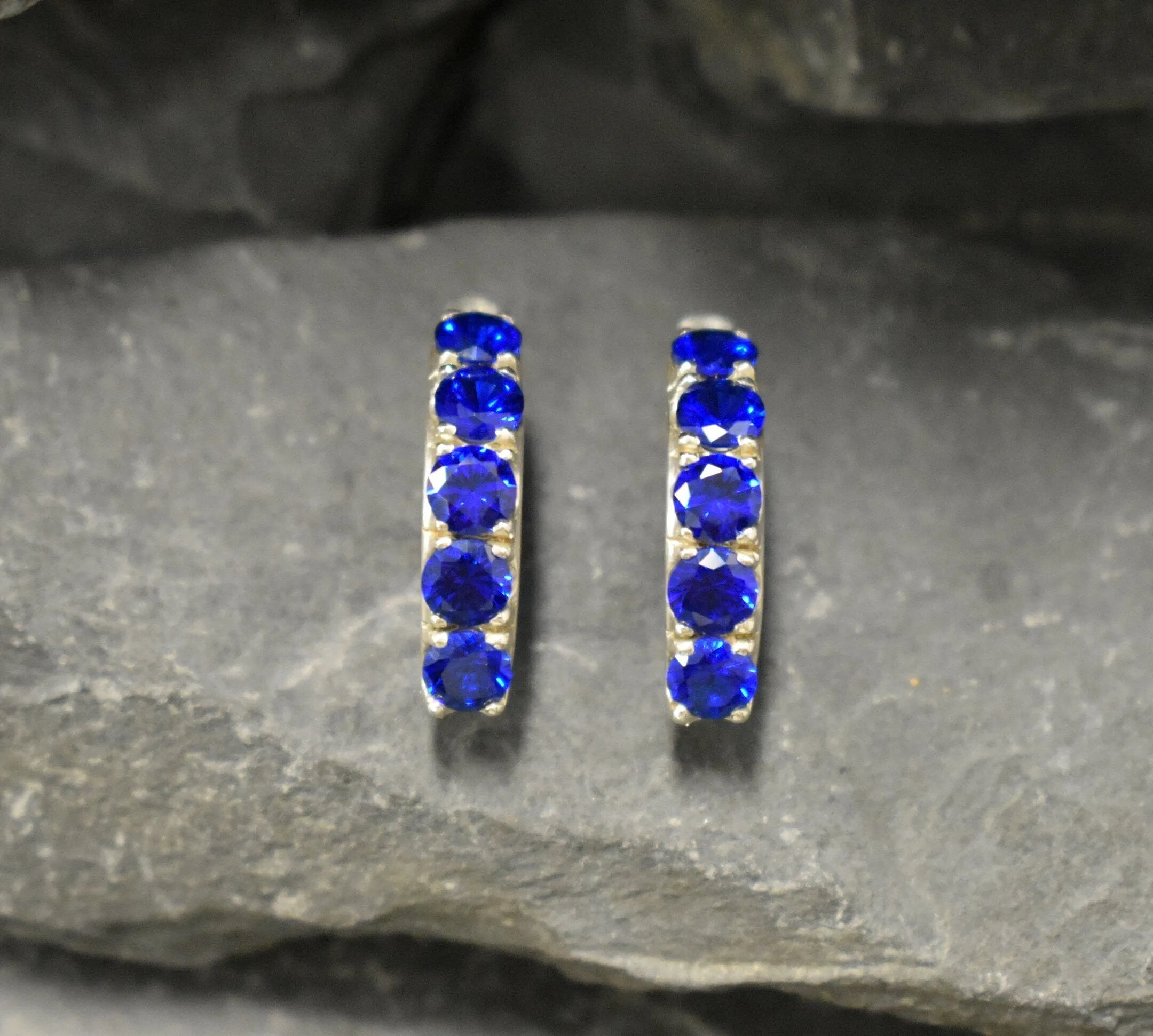 Blue Sapphire Earrings - Dainty Hoop Earrings - Silver Blue Huggies