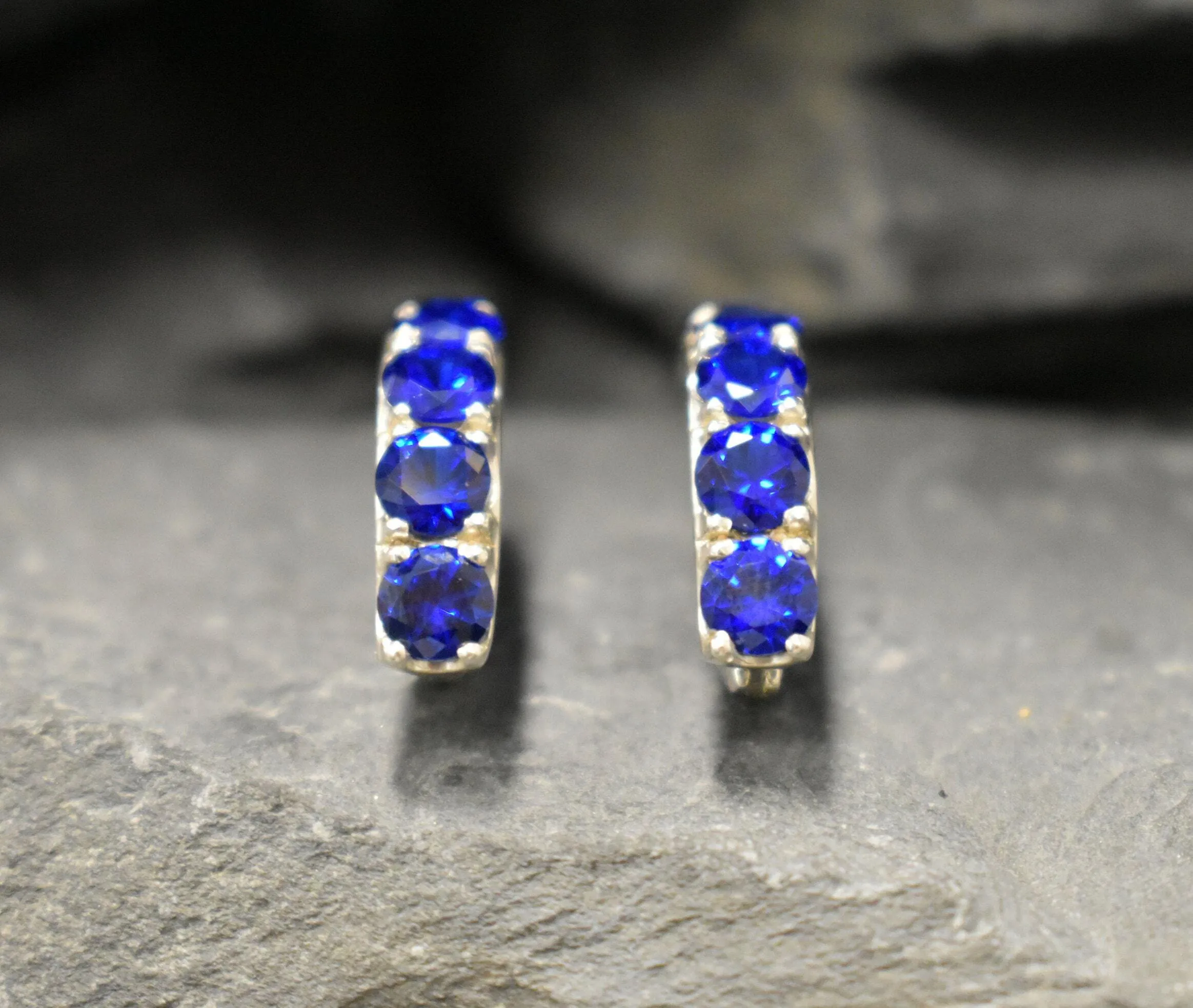 Blue Sapphire Earrings - Dainty Hoop Earrings - Silver Blue Huggies