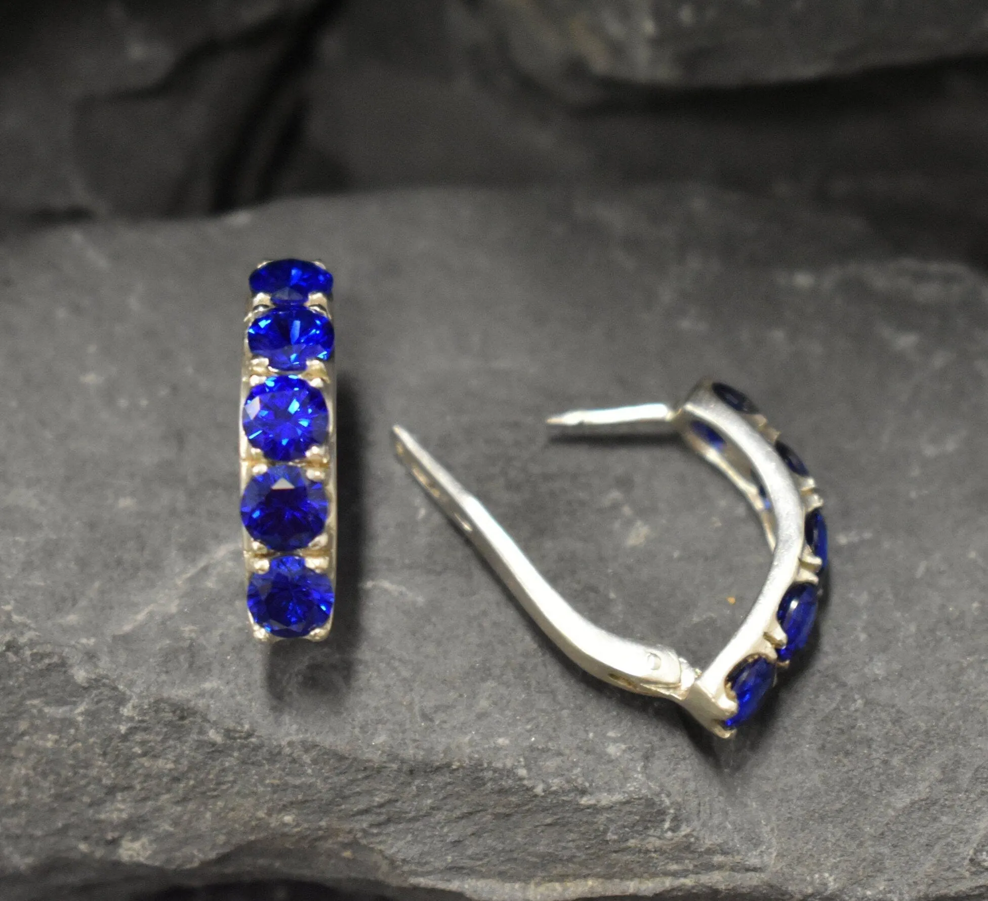 Blue Sapphire Earrings - Dainty Hoop Earrings - Silver Blue Huggies