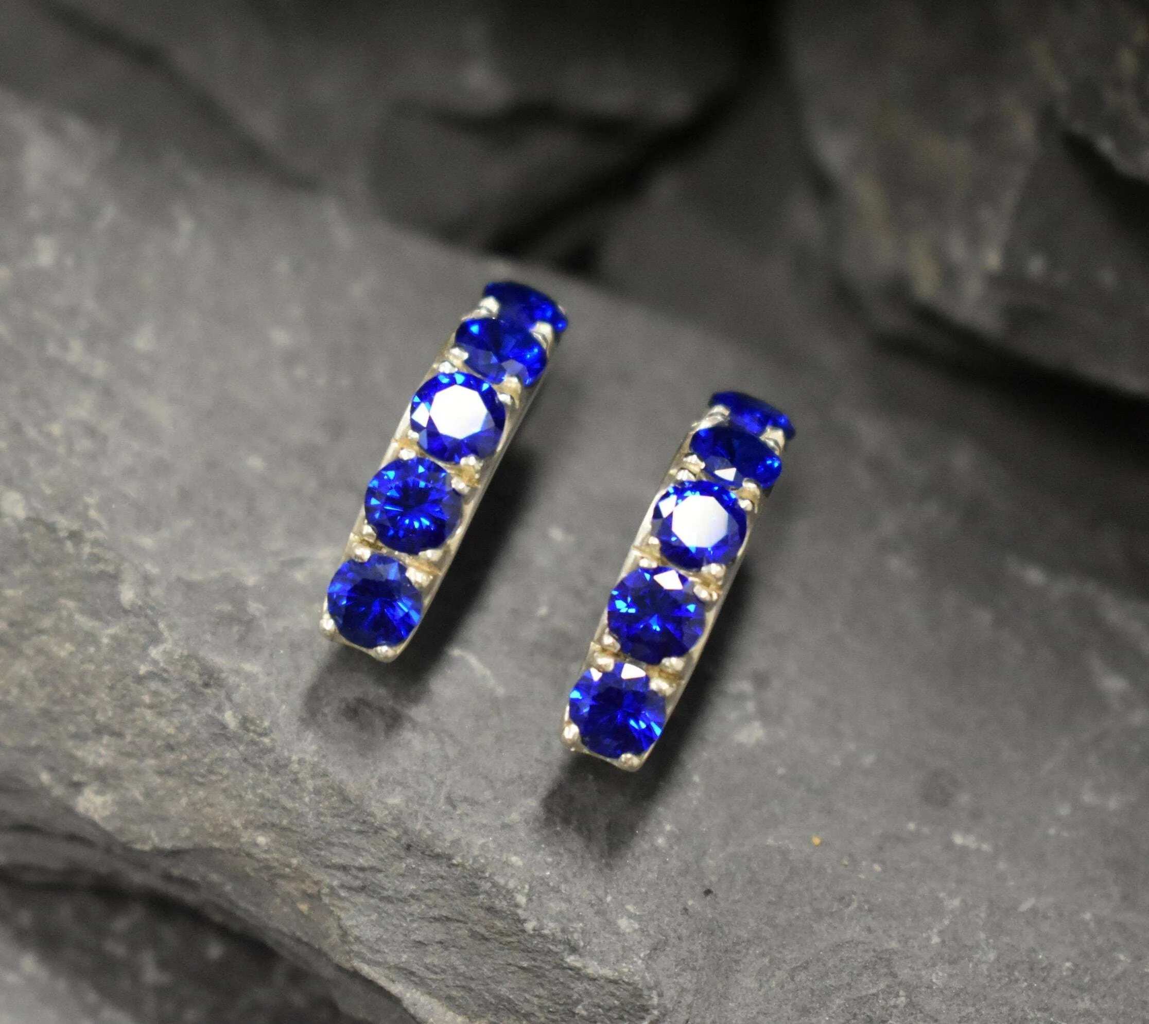 Blue Sapphire Earrings - Dainty Hoop Earrings - Silver Blue Huggies