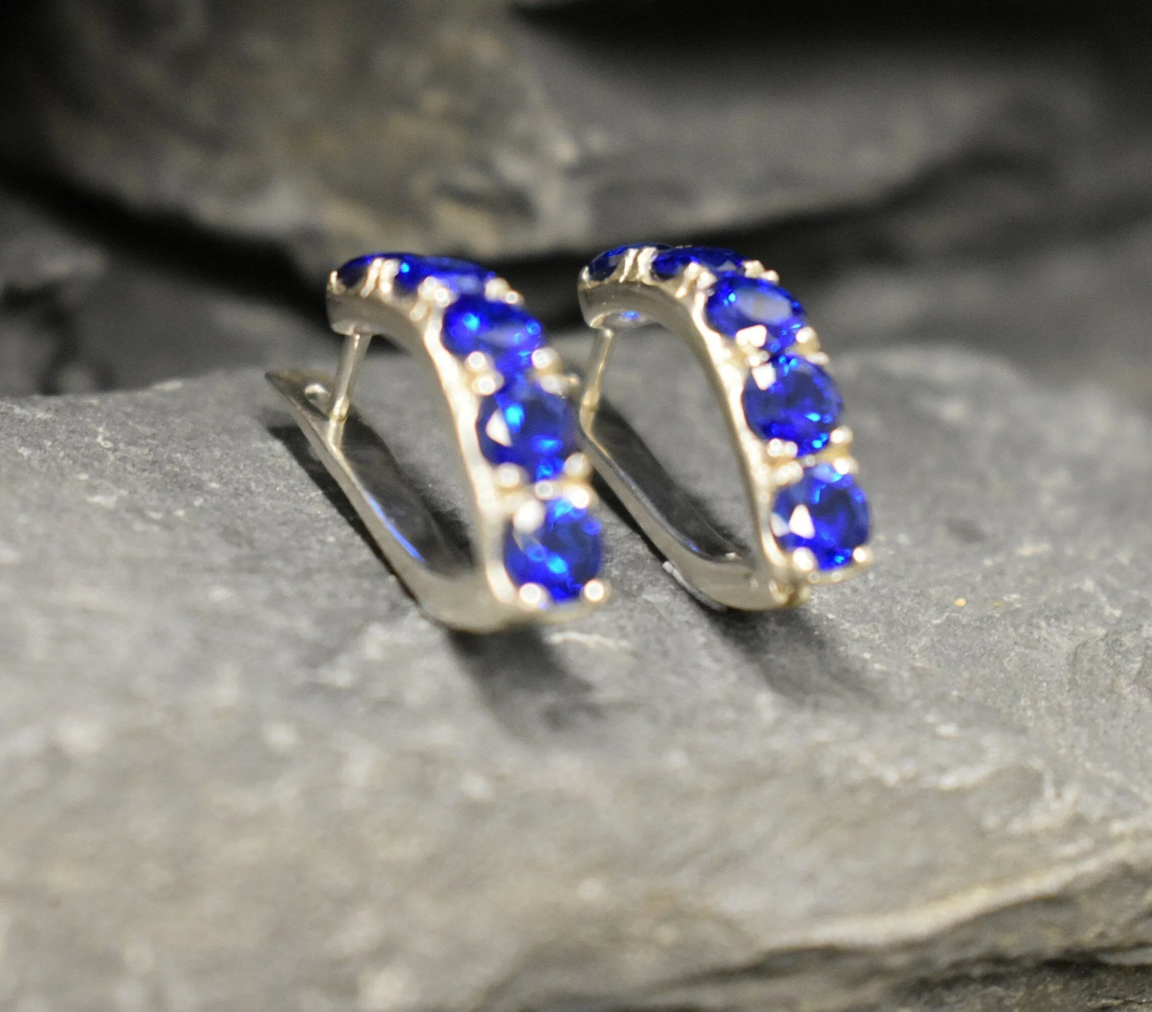 Blue Sapphire Earrings - Dainty Hoop Earrings - Silver Blue Huggies