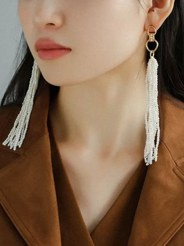 Braided Long Rice Grain Pearl Earring