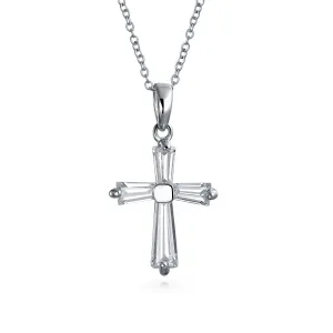 Bridal Necklace Minimalist Baguette-Cut Cubic Zirconia Cross Pendant in Sterling Silver