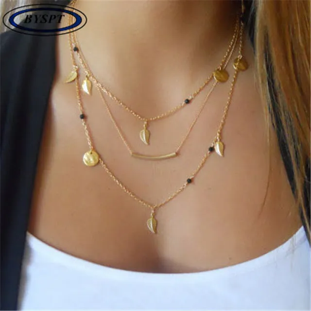 BYSPT Ethnic Coins Necklace Women Leaves Triangle Bar Round Chokers Statement Necklace multilayer Vintage Jewelry