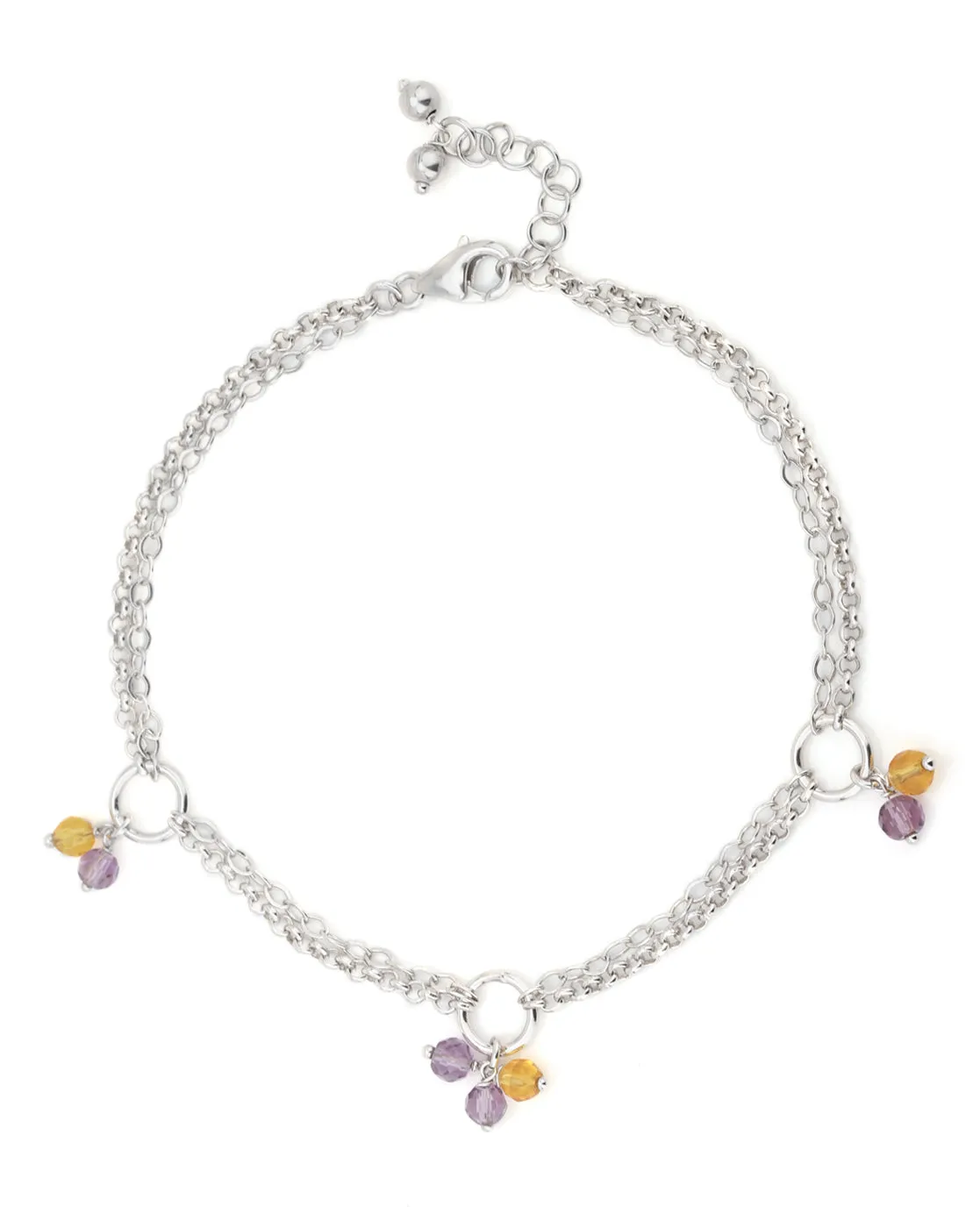 Carlton London -Set Of 2 Rhodium-Plated Silver Toned Purple & Yellow Link Beaded Anklets For Women