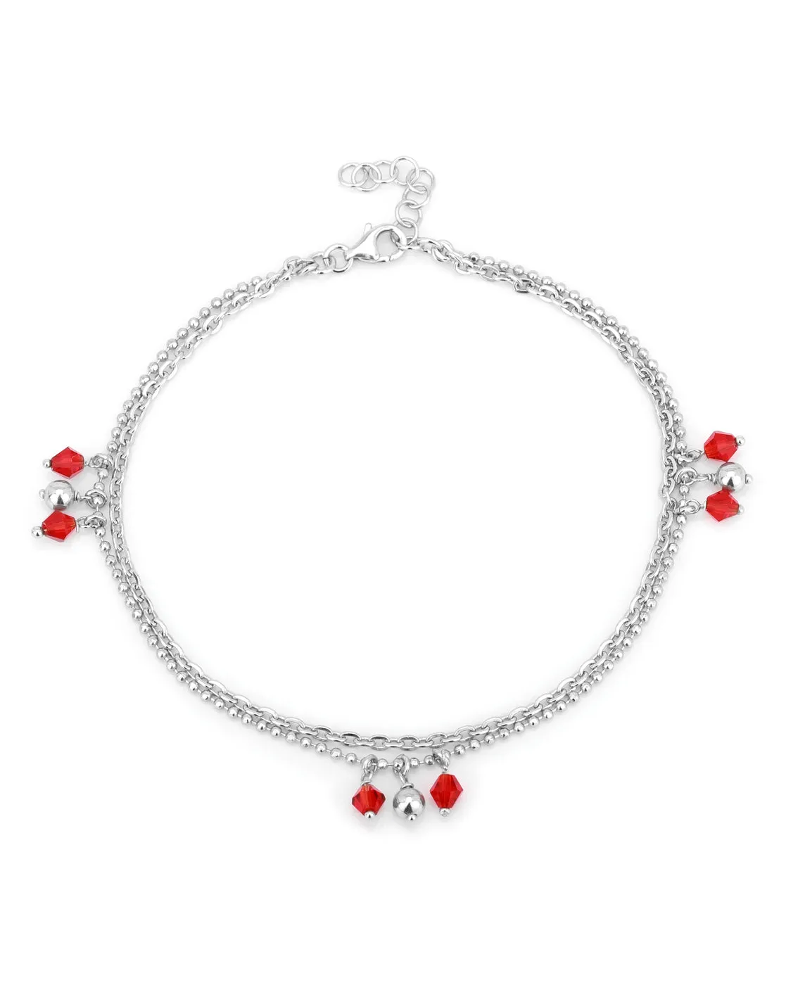 Carlton London -Set Of 2 Rhodium-Plated Silver Toned Red & Silver Link Beaded Layered Anklets For Women