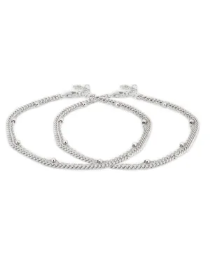 Carlton London -Set Of 2 Rhodium-Plated Silver Toned Silver Beaded Layered Anklets For Women