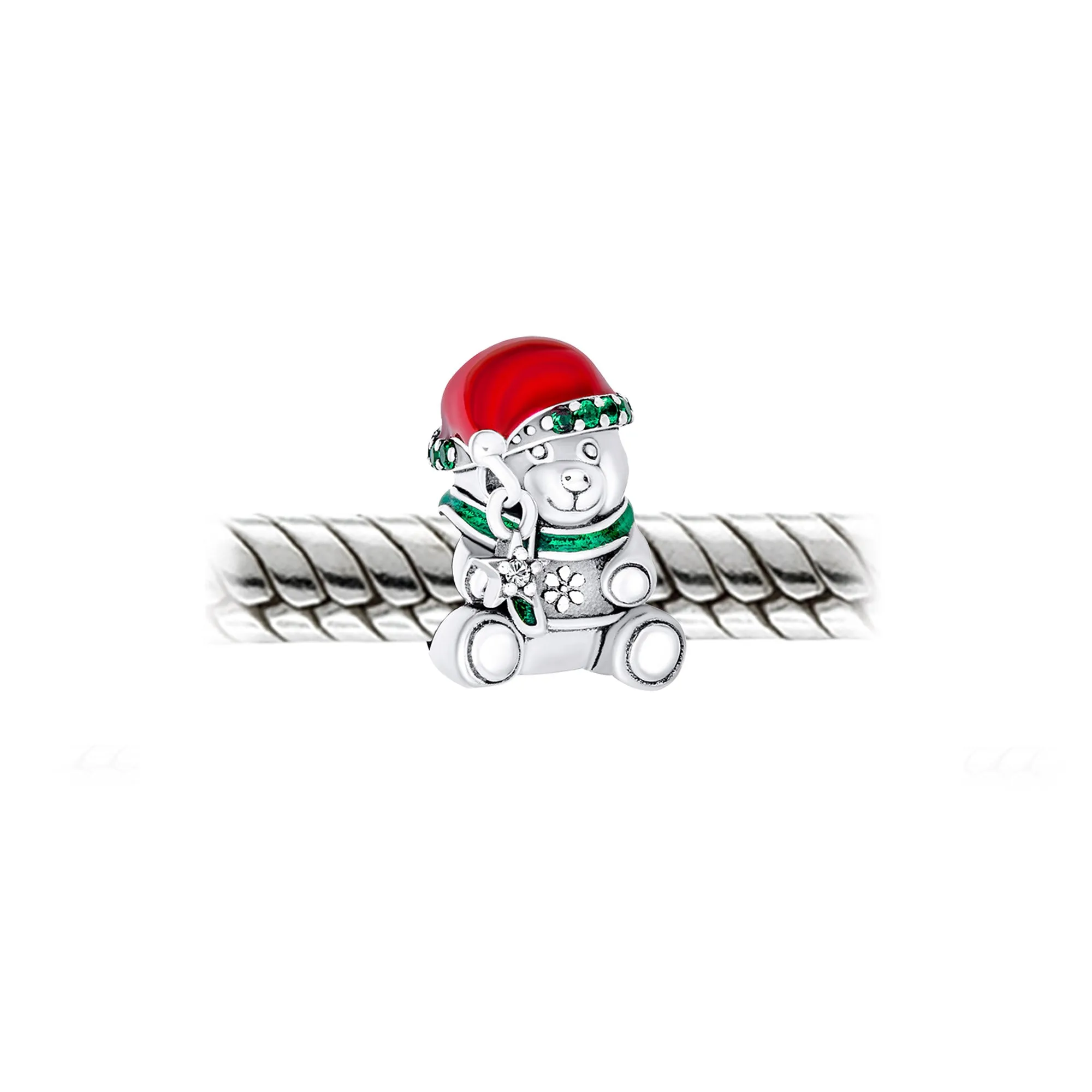 Christmas Charm Bead Teddy Bear with Green Scarf & Red Hat for Tween Daughter Bracelet