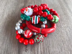 Christmas Snowflake Snowman Rhinestone Bead Lucite Stretch Womens Holiday Bracelet