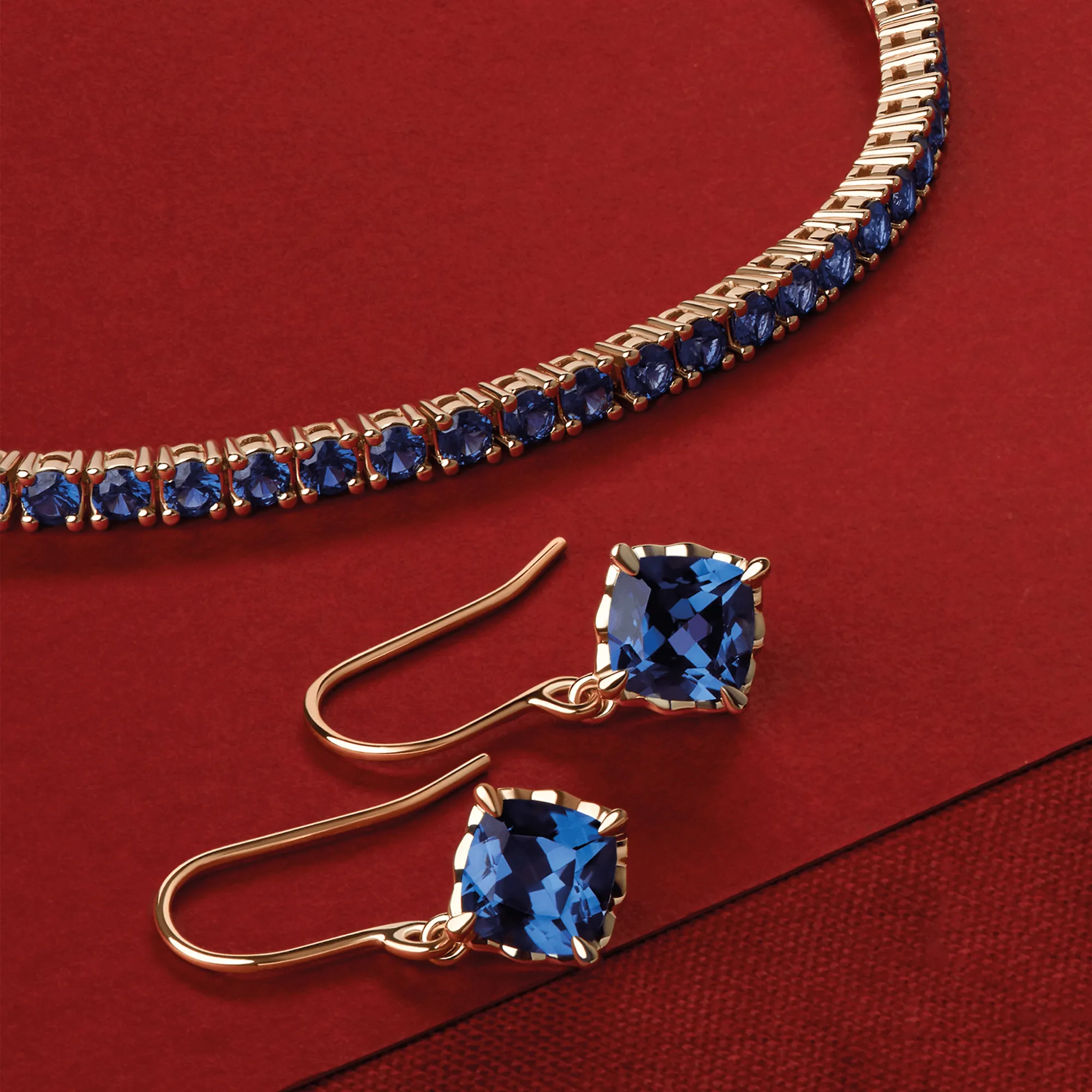 Created Sapphire Drop Earrings in 9ct Yellow Gold