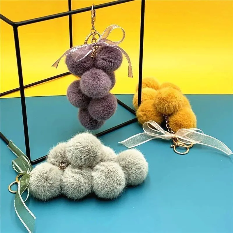 Creative grape fruit keychain cute bag plush pendant lace bow Fur Unique Key Chain car key chain #K4211